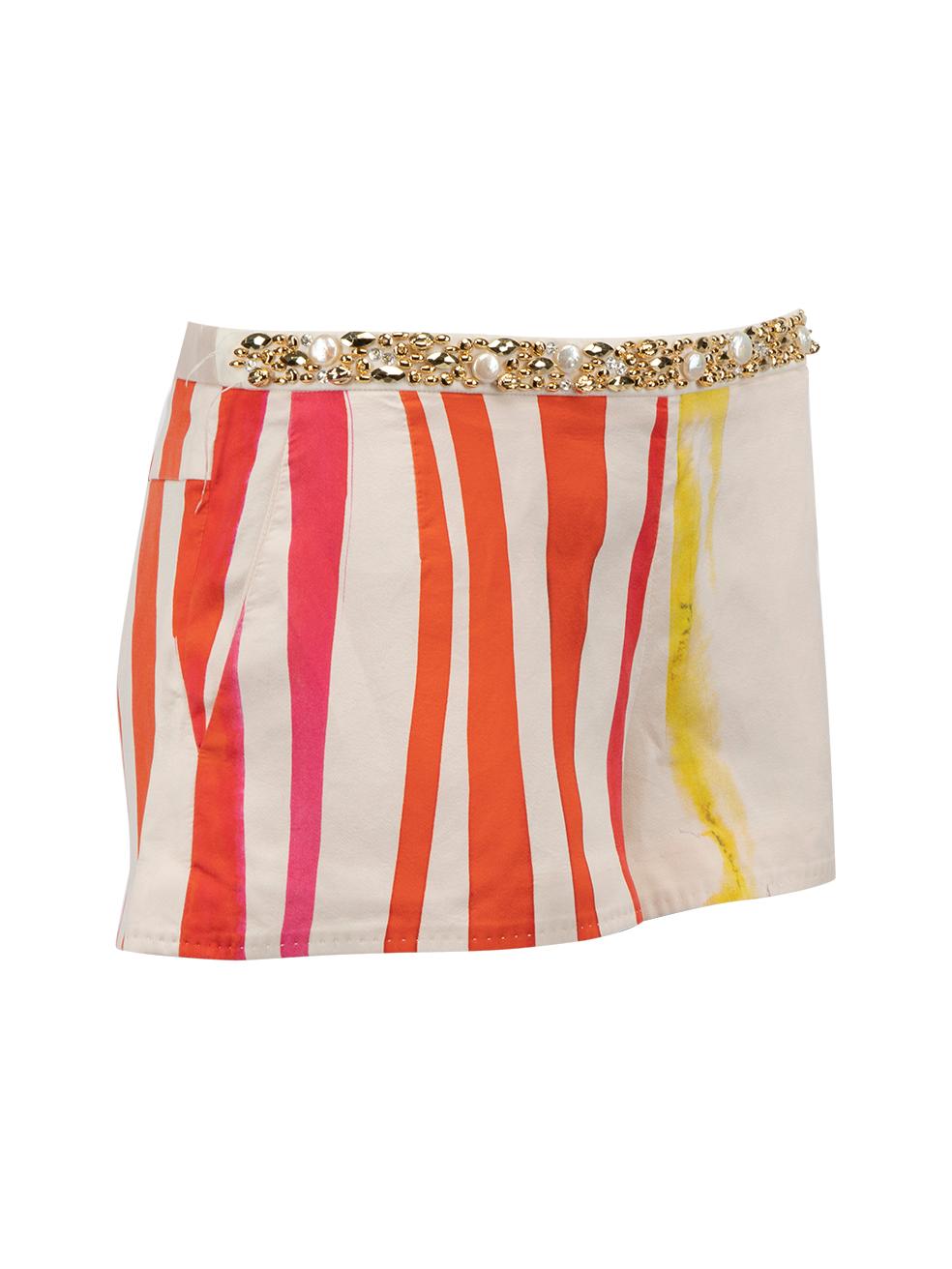 CONDITION is Very good. Minimal wear to shorts is evident. Minimal loose threads on the beaded embroidery can be seen on this used Louis Vuitton designer resale item. Details Cream , red and yellow Silk Shorts Short length Low waisted Red stripes
