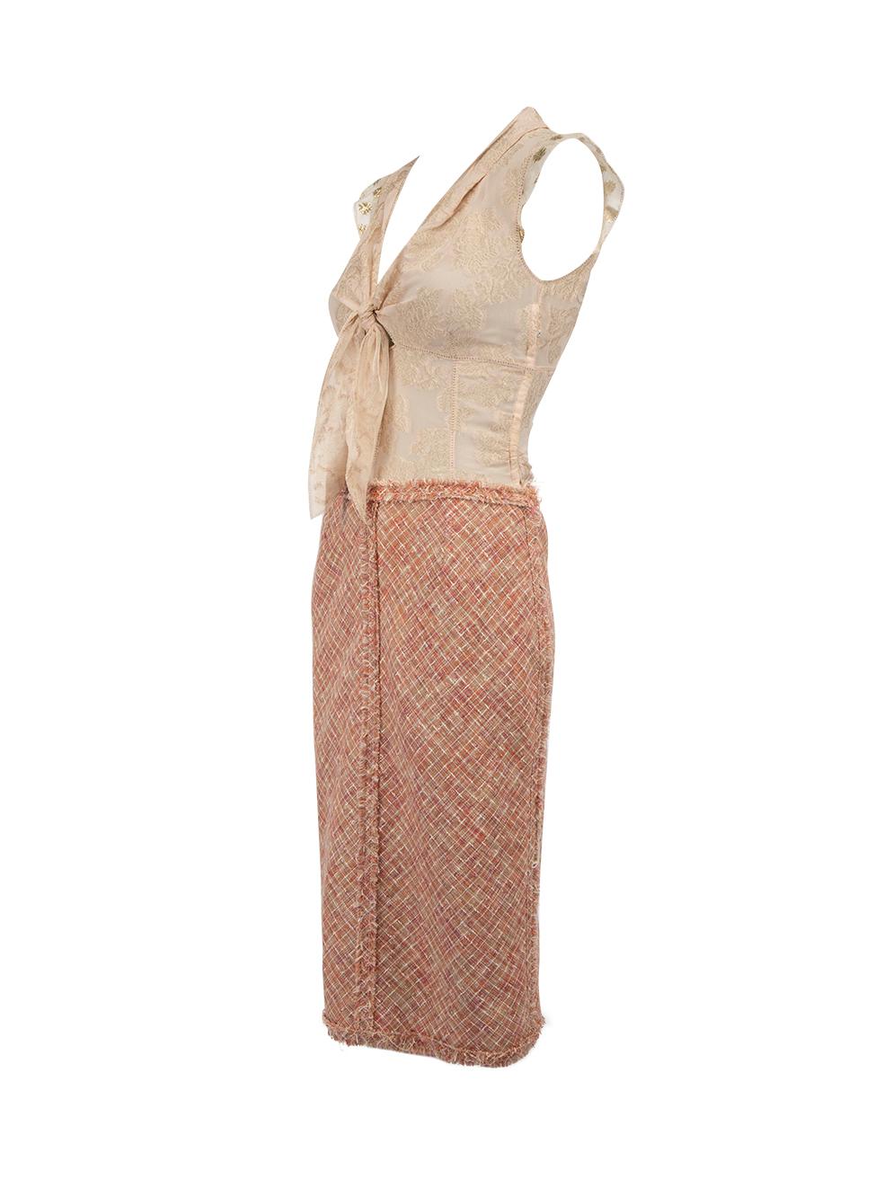 Pre-Loved Louis Vuitton Women's Pink Silk Tie Front Tweed Midi Dress In Excellent Condition In London, GB