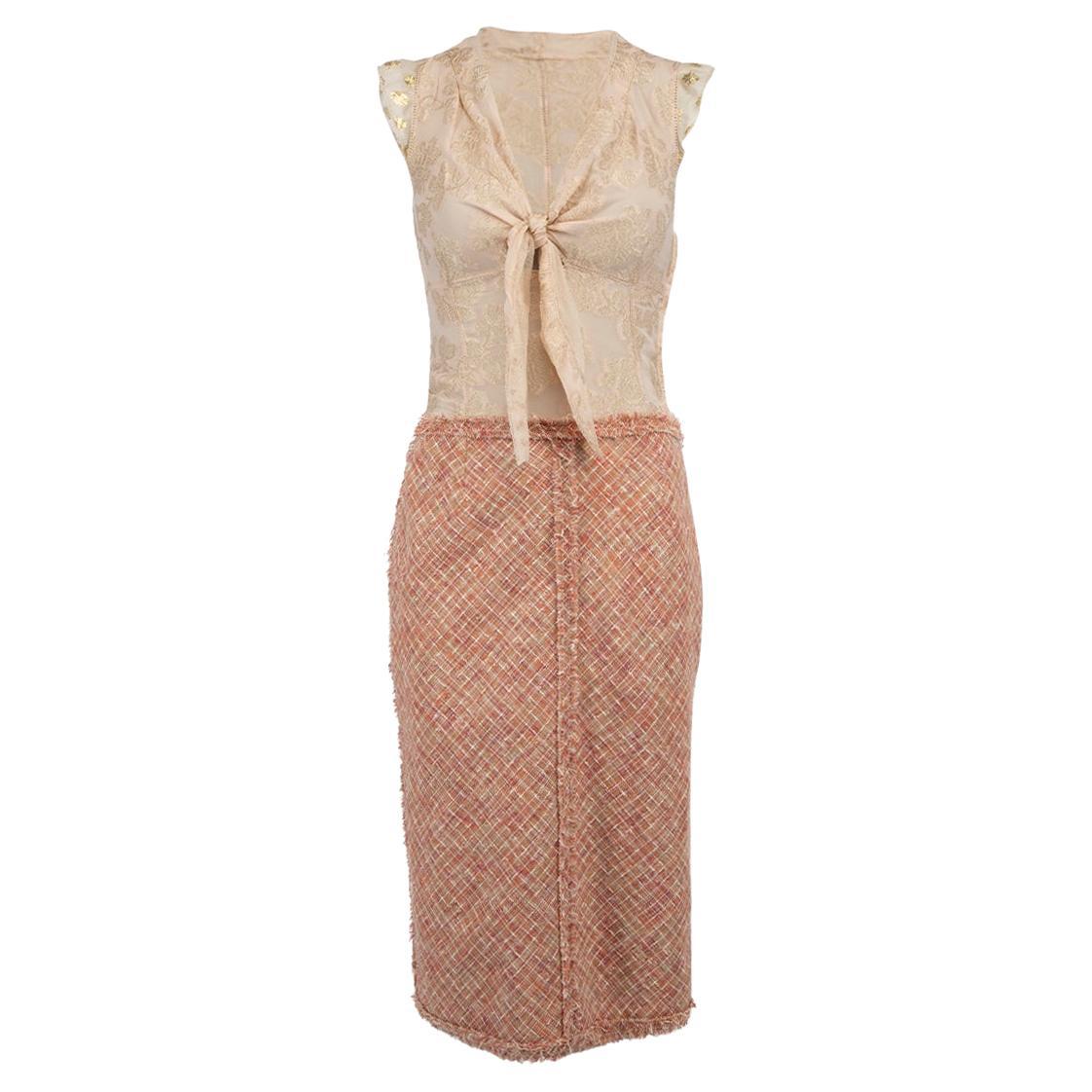 Pre-Loved Louis Vuitton Women's Pink Silk Tie Front Tweed Midi Dress