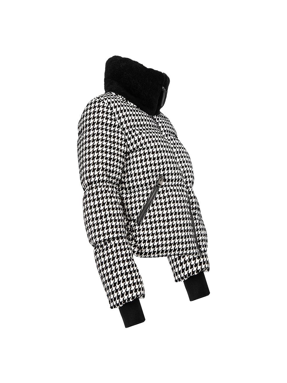CONDITION is Very good. Hardly any visible wear to jacket is evident on this used Mackage designer resale item. Details Black Leather and white Down jacket Short length Houndstooth pattern Ribbed knit cuffs Front zip closure Black shearling on