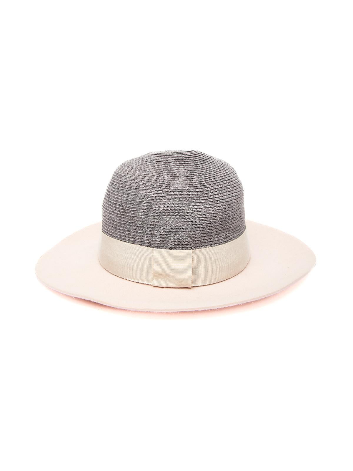 CONDITION is Good. Wear to hat is evident. Wear to exdges suede evident on this used designer Maison Michelle resale item. Details Grey, pink Suede, Rafia White ribbon with iconic M logo Made in France Size & Fit Product measurements: L Inner