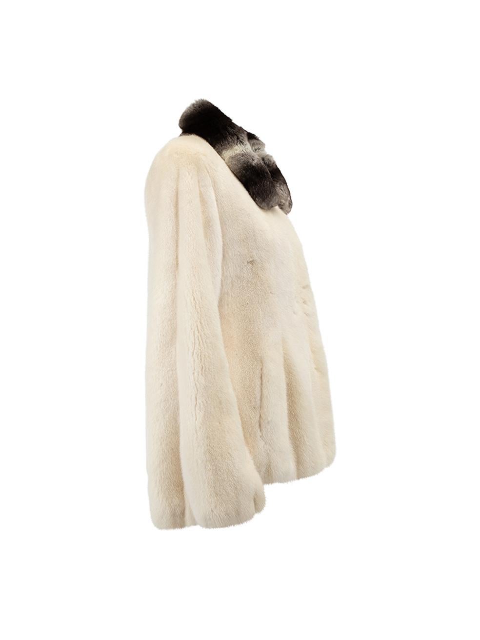 CONDITION is Very good. Minimal wear to jacket is evident. Minimal wear to the top button which is loose and looks a little worn on this used Mala Mati designer resale item. Details Cream Mink fur Single breasted coat Mid length Turn clasp and eye