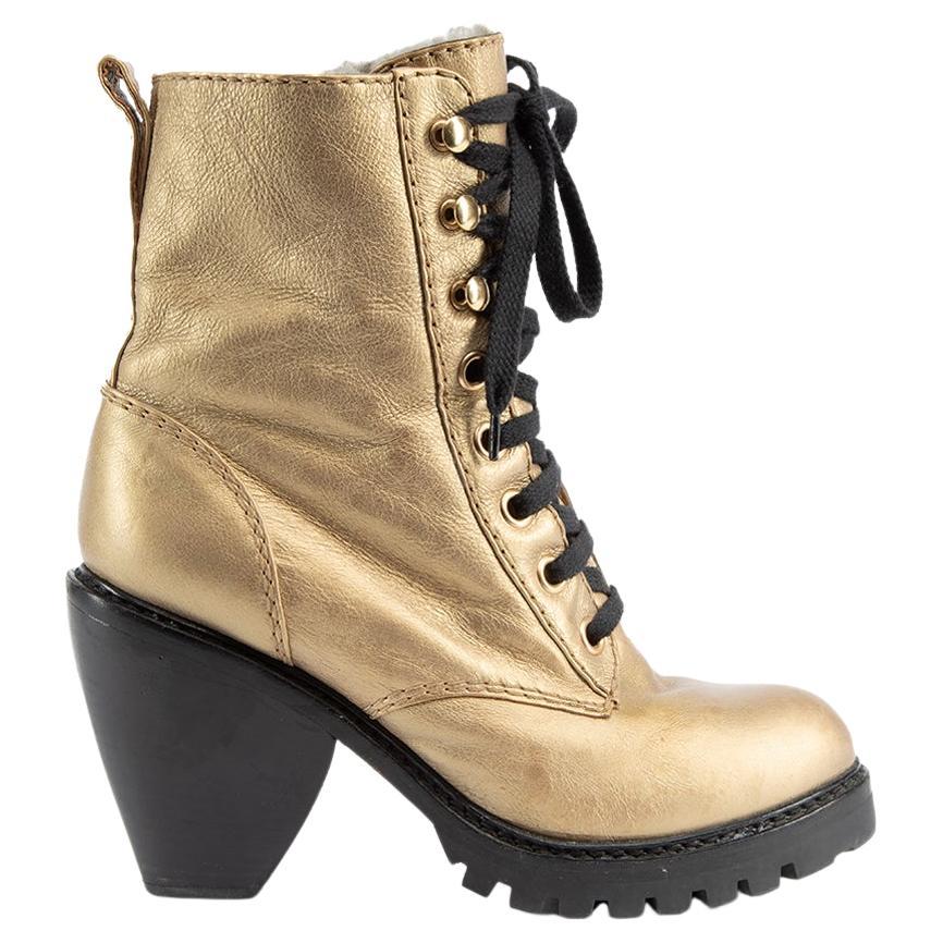 Pre-Loved Marc Jacobs Women's Gold Platform Heeled Boots with Shearling For Sale