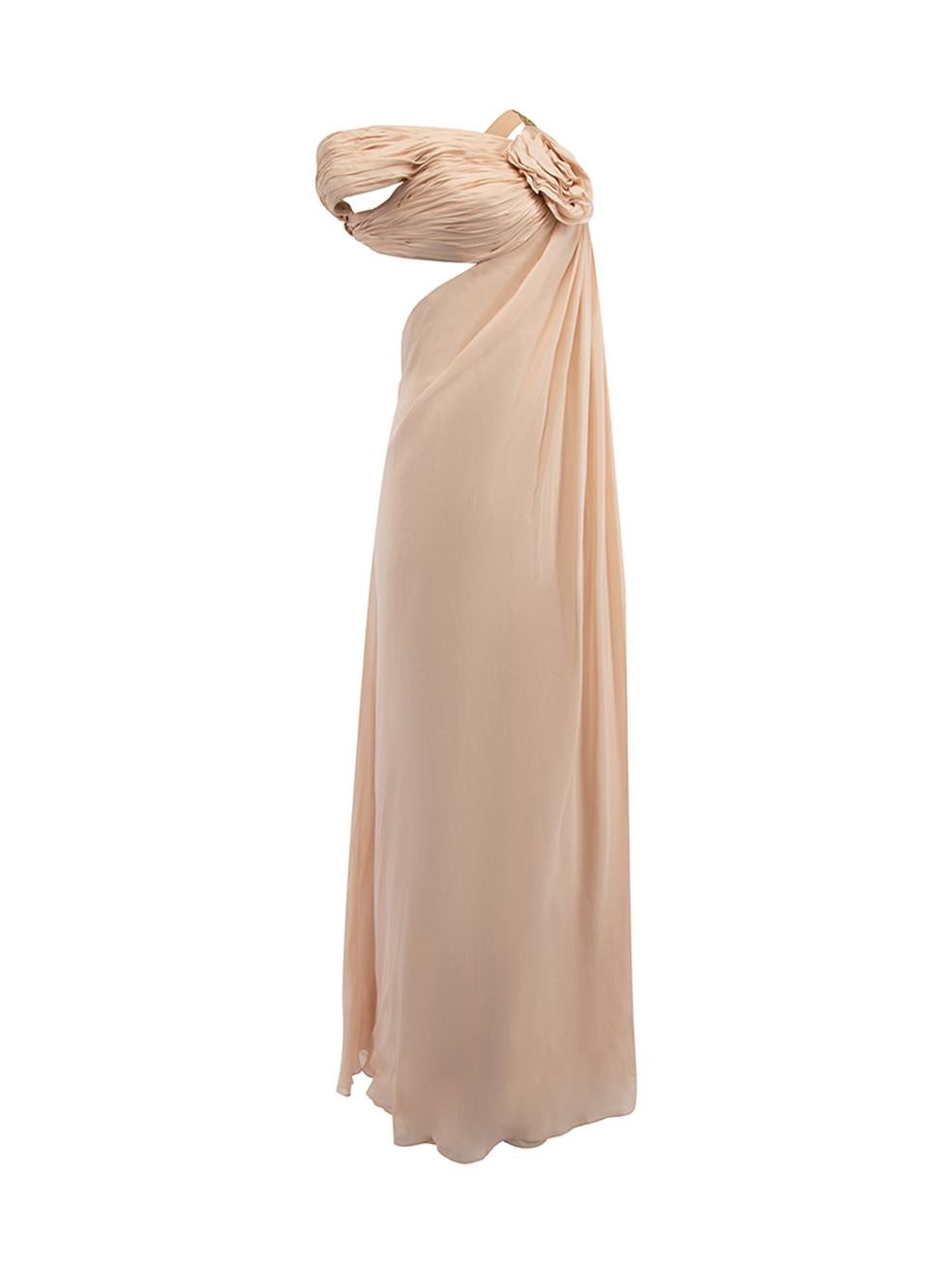 CONDITION is Very good. Minimal wear to dress is evident. There are marks at the bottom of dress on this used Marchesa designer resale item. Details Pink Silk Maxi gown Asymmetric one shoulder Embellished mirror straps with clasp closure Flower