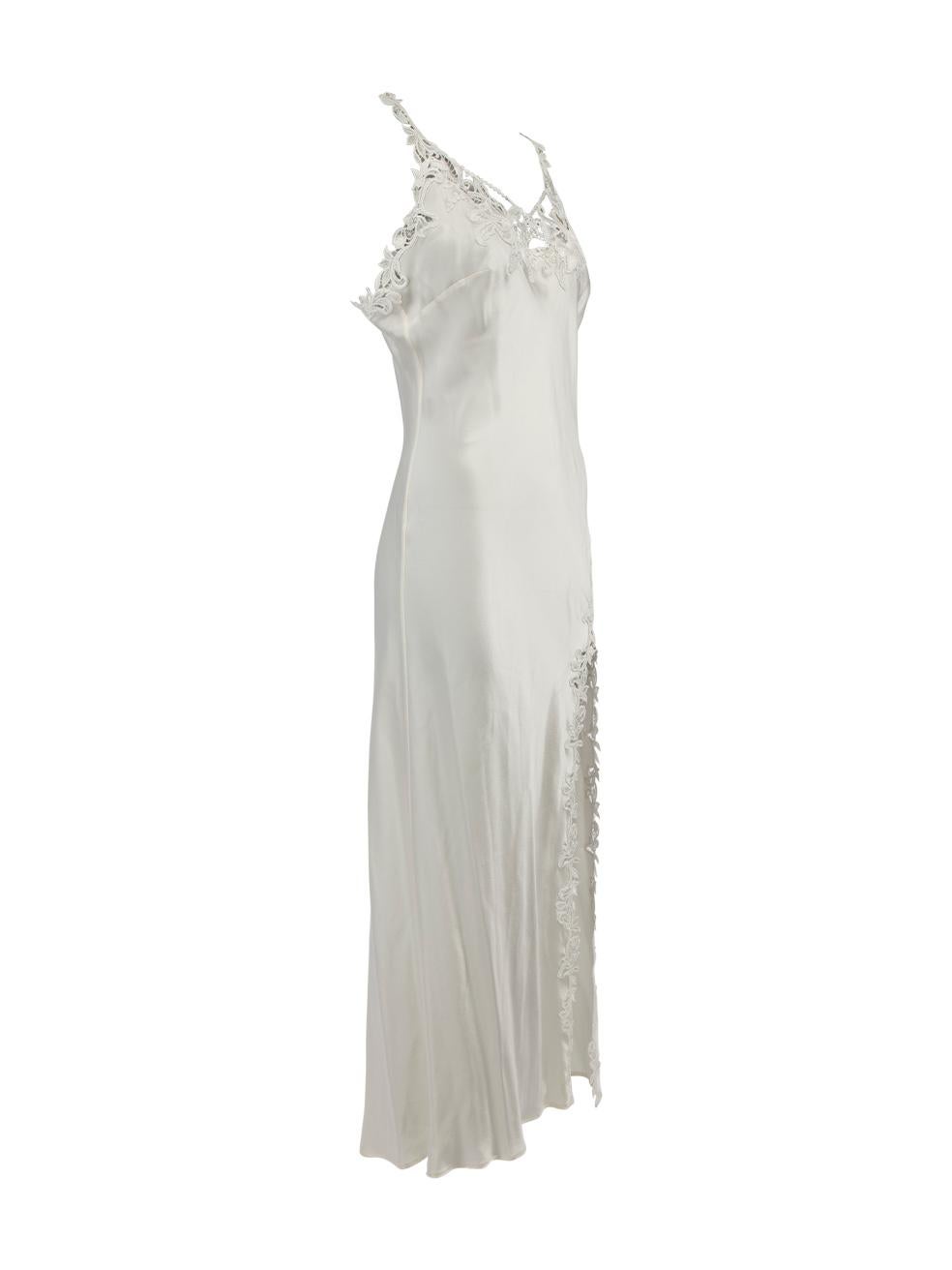 CONDITION is Very good. Minimal wear to dress is evident. Minimal wear to outer silk fabric on this used Marjolaine designer resale item. Details Cream Silk Slip dress Floral lace detailing Maxi length Floral lace adjustable straps Front slit
