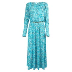 Pre-Loved Melissa Odabash Women's Blue Patterned Belted Long Sleeve Dress