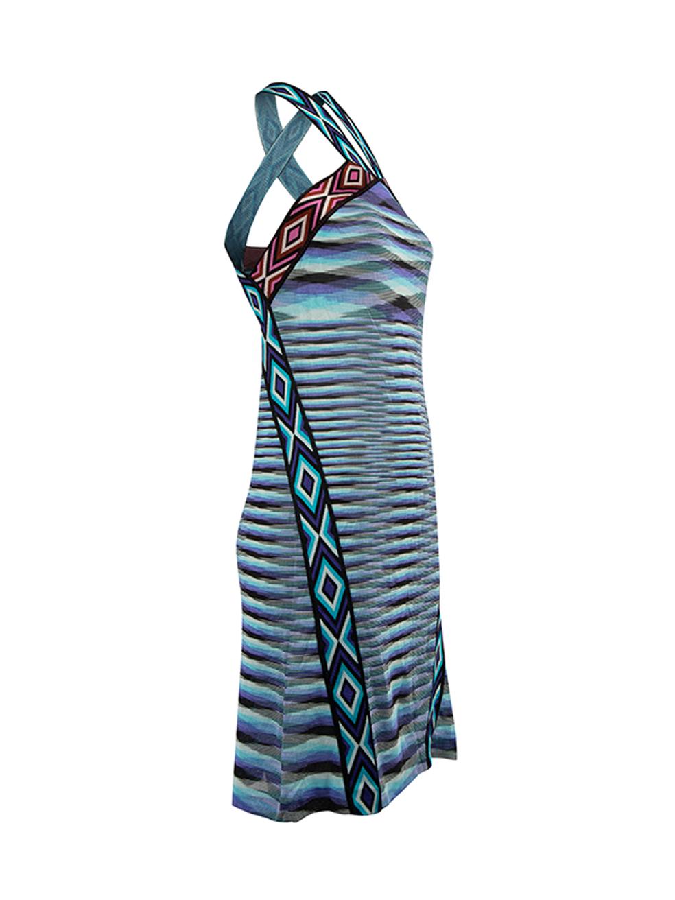 CONDITION is Very good. Hardly any visible wear to top is evident on this used Missoni designer resale item. Details Blue Viscose Mini dress Abstract patterned Cross strap halter neck Sleeveless Made in Italy Composition 100% Viscose Care