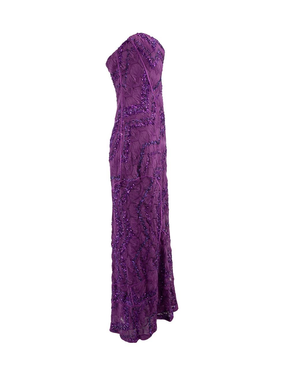 CONDITION is Very good. Minimal wear to dress is evident. Minimal loose threads to the hemline on this used Missoni designer resale item. Details Purple Viscose Strapless bustier dress Sleeveless Maxi length Sequinned embellishment Boning on bust