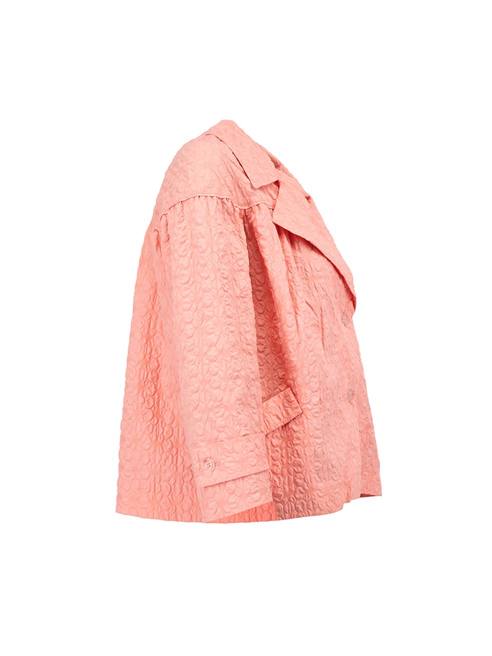 CONDITION is Very good. Minimal wear to jacket is evident. Minimal wear to the neckline, hemline and there is a missing belt on this used Miu Miu designer resale item. Details 2007 Pink Polyester Cropped evening jacket Light weight Bubble textured