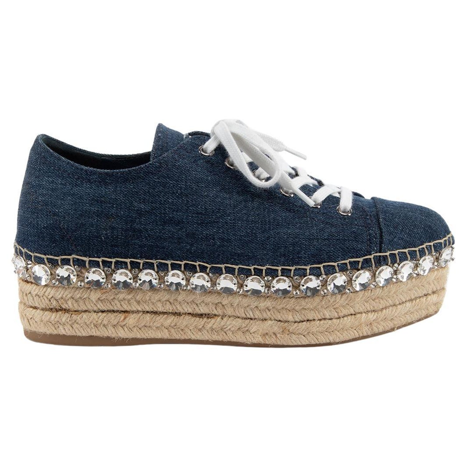 Pre-Loved Miu Miu Women's Blue Denim Espadrille with Crystal Embellishment  For Sale at 1stDibs