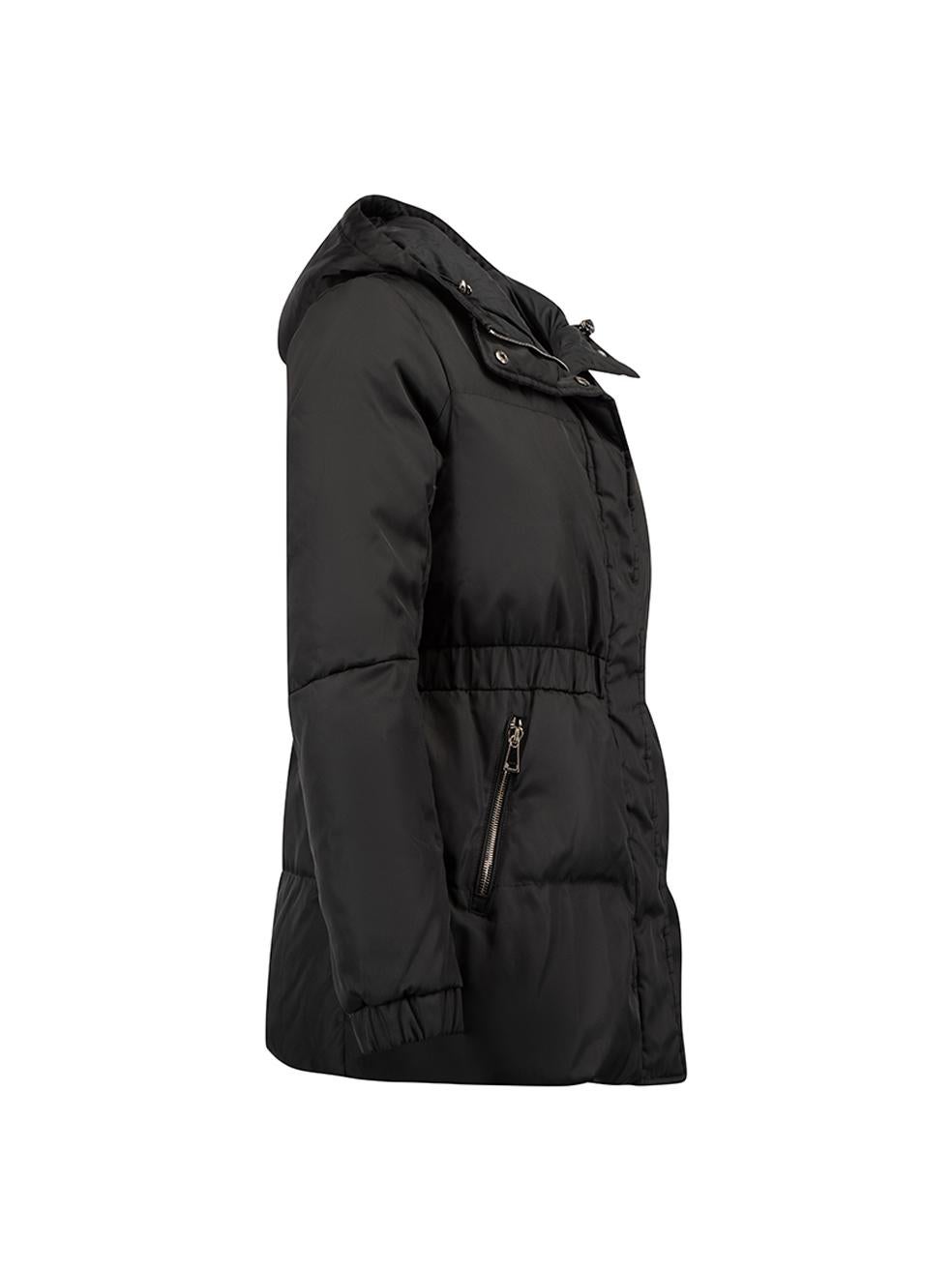 CONDITION is Very good. Minimal wear to coat is evident. Minimal wear to the interior and hood on this used Moncler designer resale item. Details Black Synthetic Down mid length coat Elasticated cuffs and waistline Hooded with drawstring Front zip