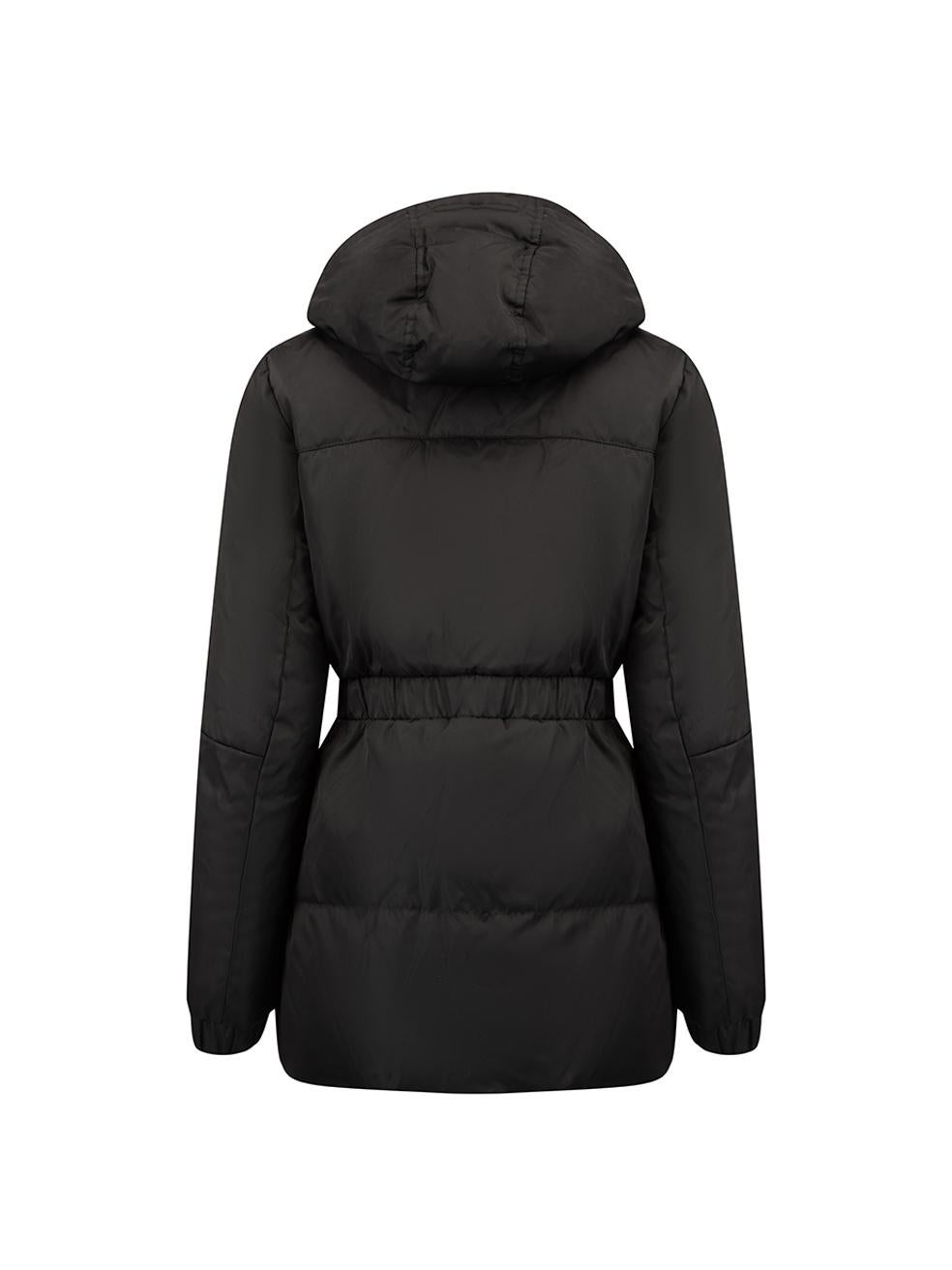 Pre-Loved Moncler Women's Black Hooded Mid Length Down Coat In Excellent Condition In London, GB