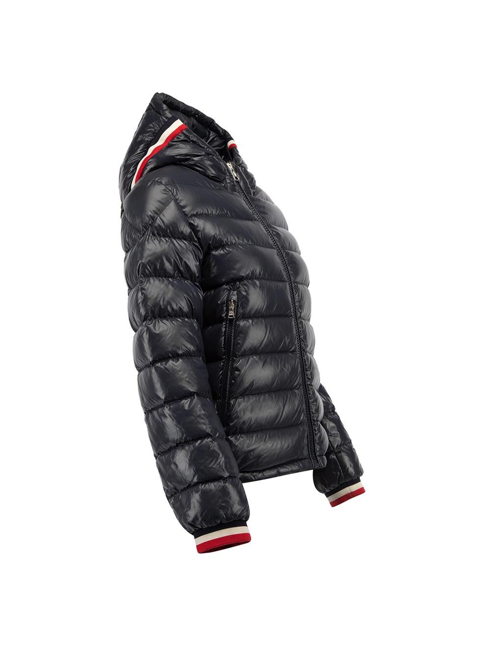 CONDITION is Very good. Minimal wear to jacket is evident. Loose threads found on exterior stitching is seen on this used Moncler designer resale item. Details Navy Nylon Short puffer jacket Hooded Red, white and navy trimmings Front zip closure 2x