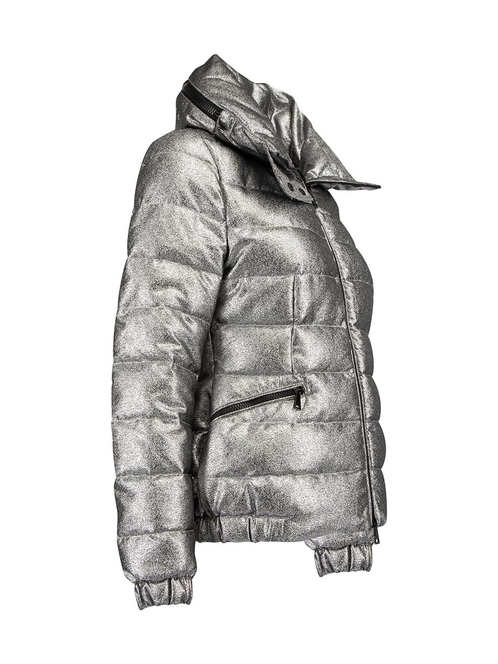 CONDITION is Very good. Hardly any visible wear to jacket is evident on this used Moncler designer resale item. Details Silver metallic Polyester Down jacket Short length Collapsible hood with zip closure on collar Front two way zip closure with