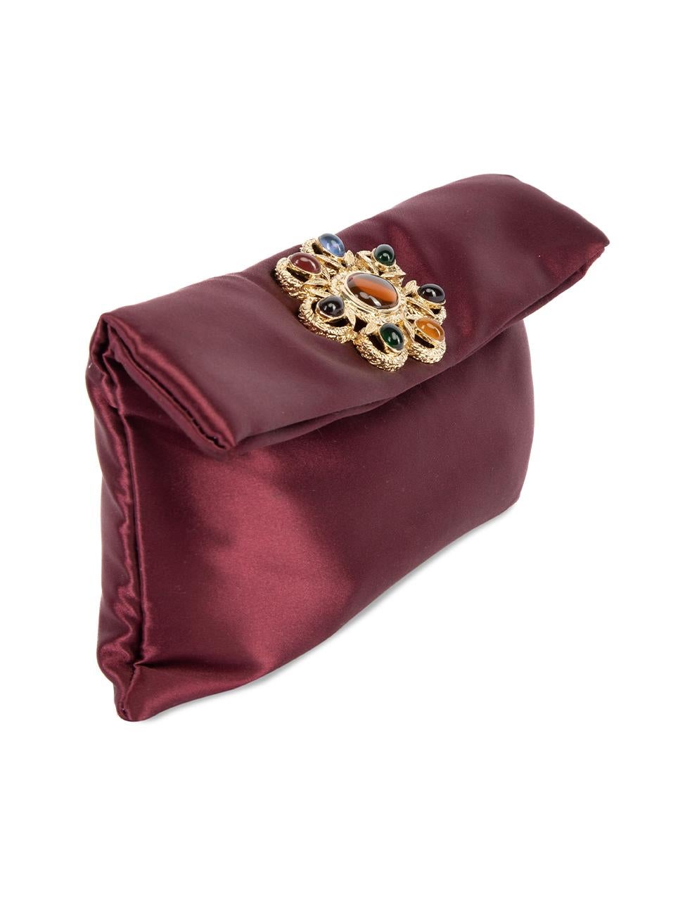 CONDITION is Very good. Hardly any visible wear to clutch is evident, minimal scratch can be seen on the exterior gold metal logo on this used Love Moschino designer resale item. Details Burgundy Satin Rectangle clutch Crystal gemstone embellishment