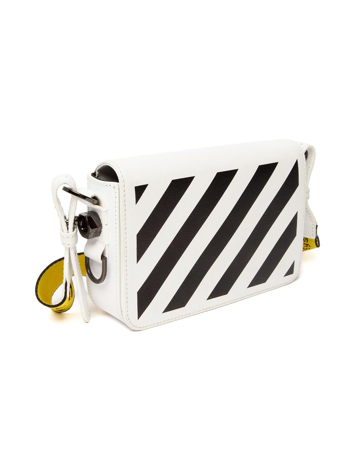 CONDITION is Good. Some wear to bag is evident. Some smudges on the leather at the back of the bag on this used Off White designer resale item. Details White Black and white stripes Leather Crossbody Magnetic close flap 2 x inner compartments Yellow