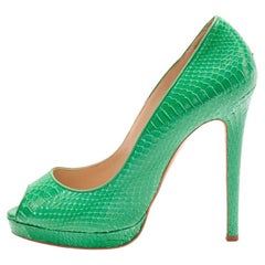 Pre-Loved Oscar de la Renta Women's Green Exotic Leather Peep-Toe Pump Heels