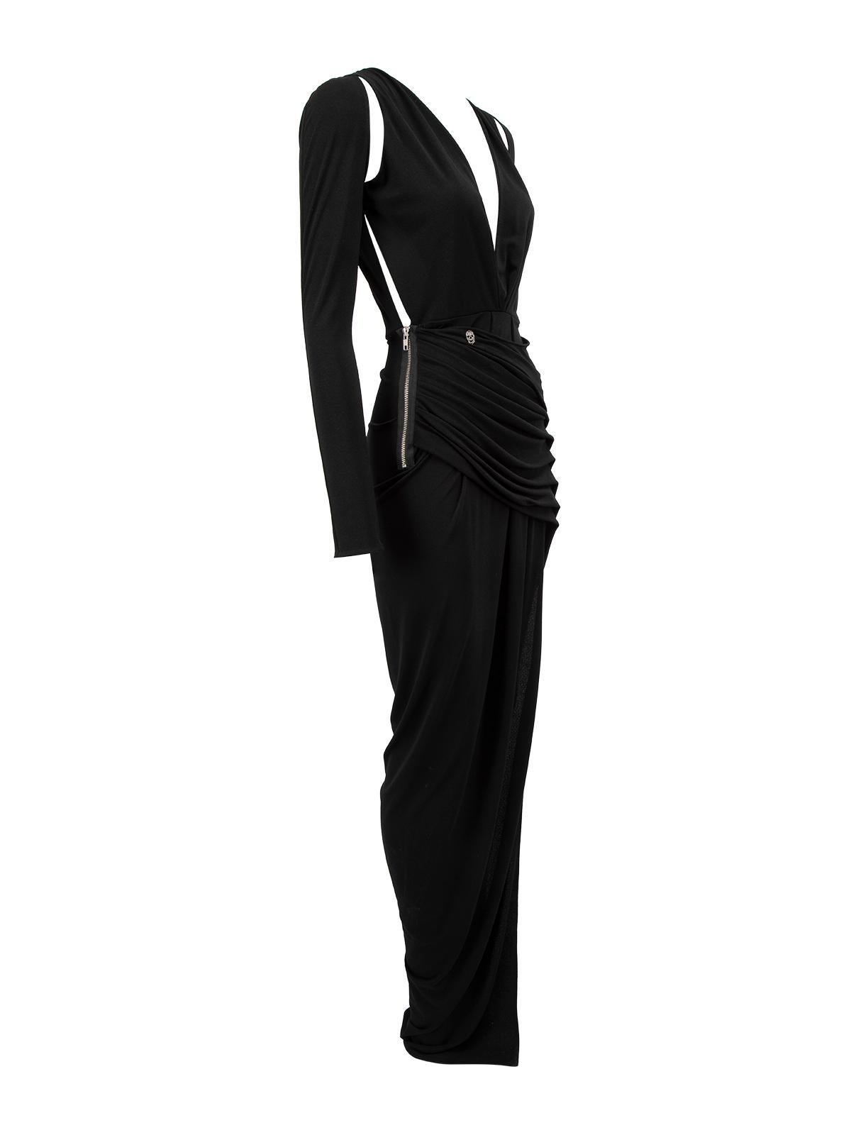 CONDITION is Very good. Minimal wear to dress is evident. There is some minimal loose stitching near the side zip on this used Philipp Plein designer resale item. Details Black Polyester Figure hugging Plunge neck Cut out shoulders Long sleeves Maxi