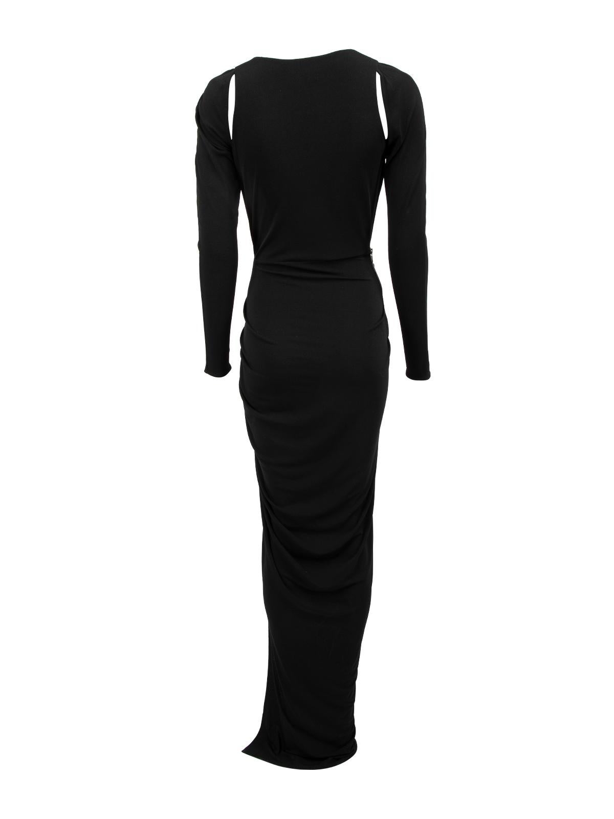 Pre-Loved Philipp Plein Women's Black Cold Shoulder Deep V Ruched Gown In Excellent Condition For Sale In London, GB