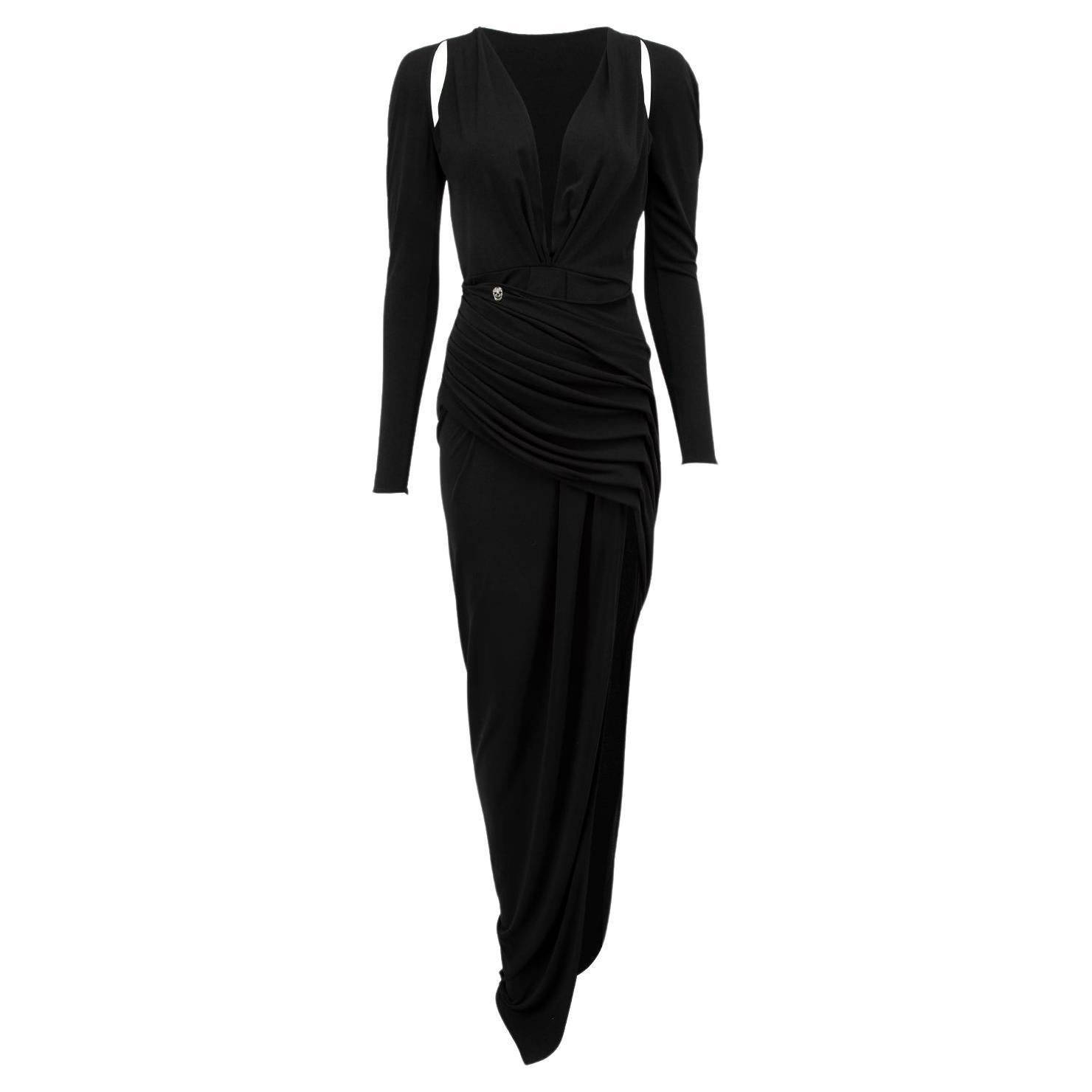 Pre-Loved Philipp Plein Women's Black Cold Shoulder Deep V Ruched Gown For Sale