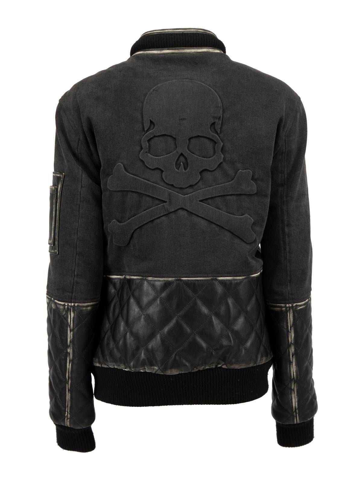 Pre-Loved Philipp Plein Women's Dark Grey Cotton Bomber with Calf Leather In Excellent Condition For Sale In London, GB