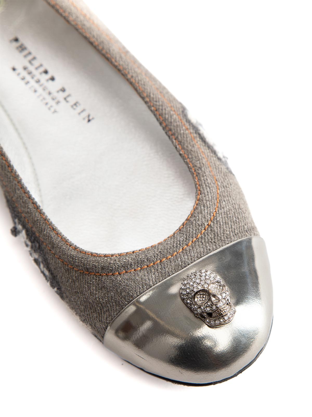 Pre-Loved Philipp Plein Women's Denim Ballet Flats with Patent Toe Cap In Excellent Condition In London, GB