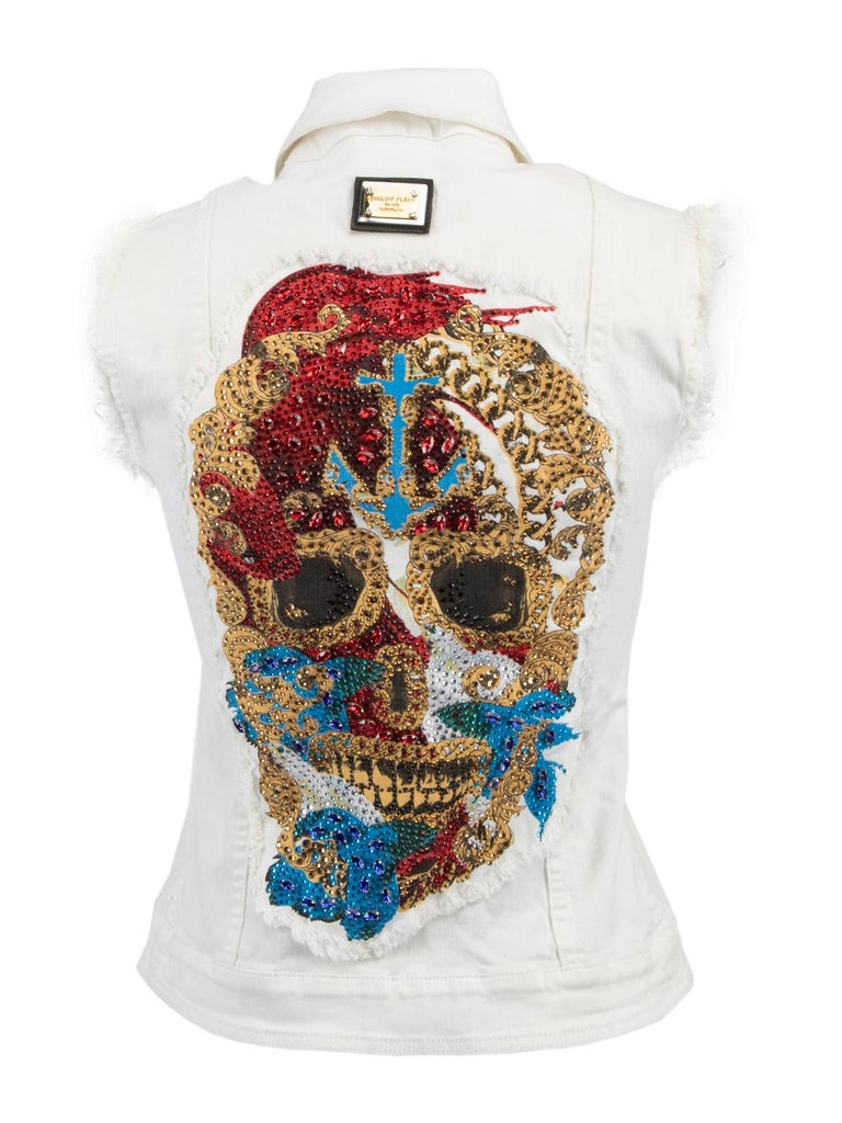 Pre-Loved Philipp Plein Women's Embellished Denim Vest In Good Condition For Sale In London, GB