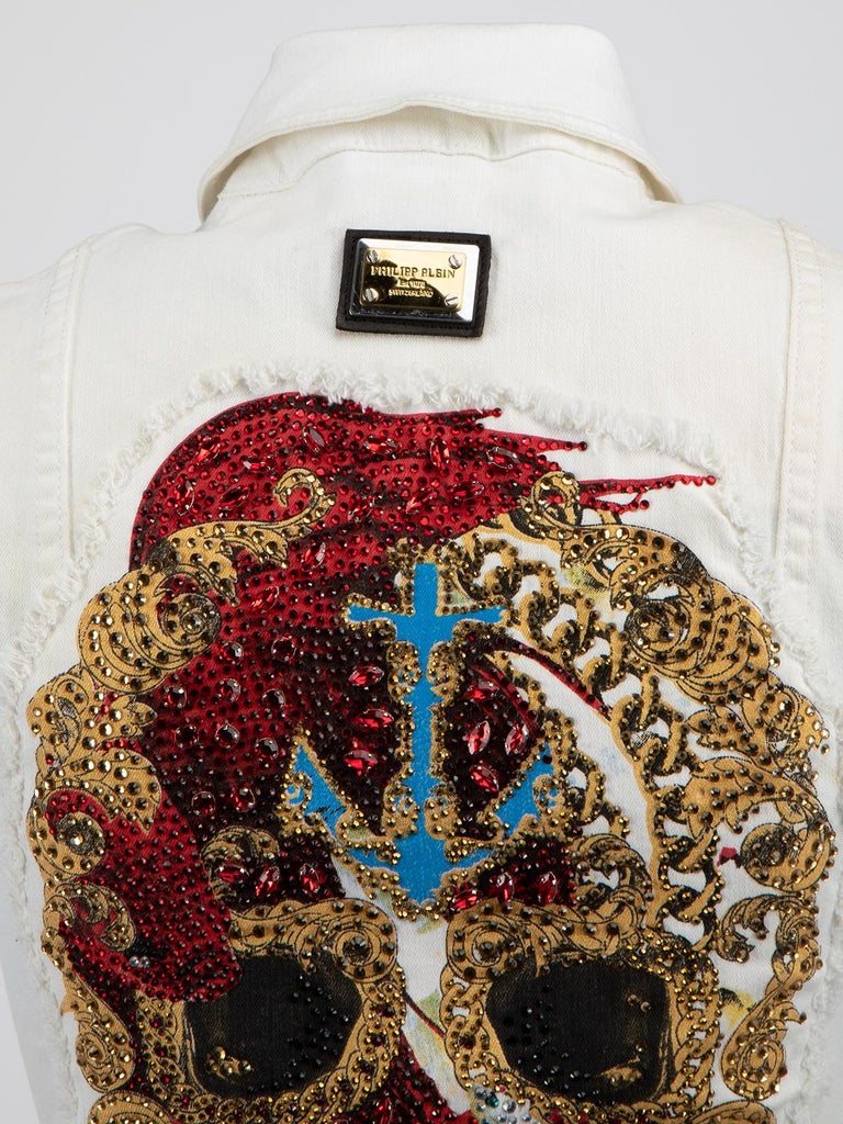 Pre-Loved Philipp Plein Women's Embellished Denim Vest For Sale 2