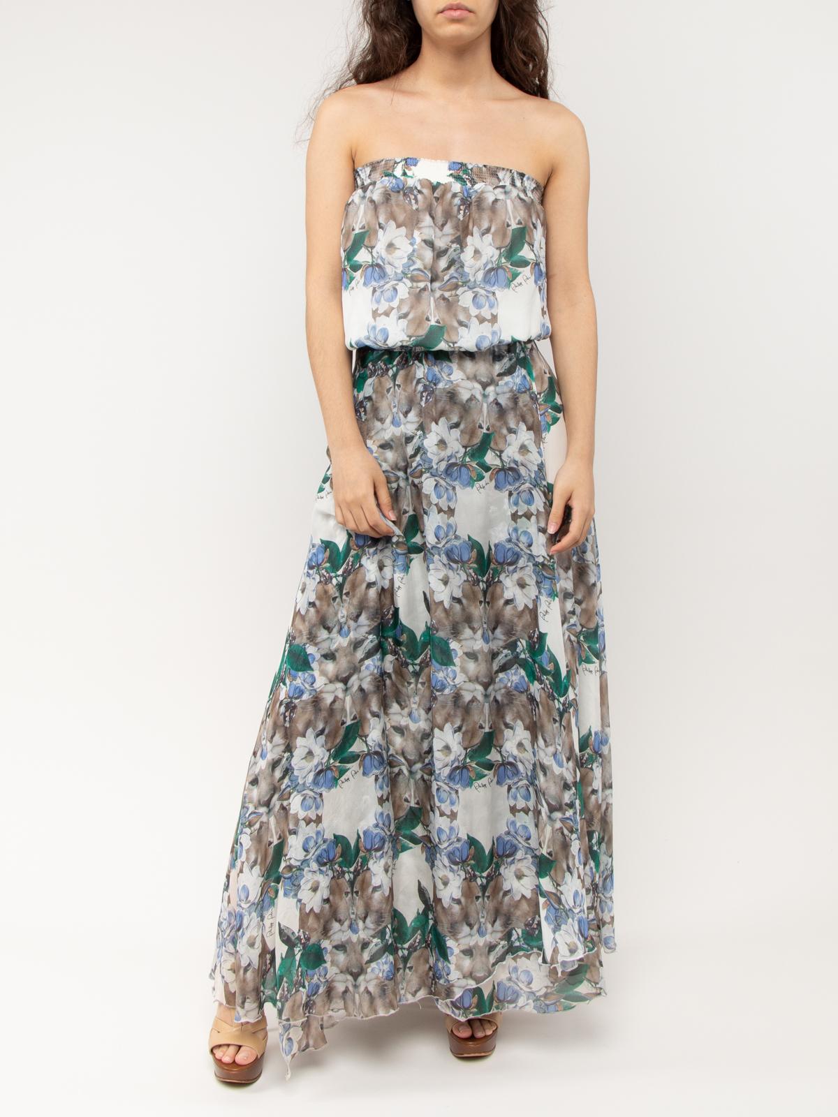 CONDITION is Good. Some wear to dress is evident. Some stains to bottom of lining on this used Philipp Plein Couture designer resale item. Details Philipp Plein Couture Floral print Material - silk Style- strapless maxi dress Fit -Loose fit