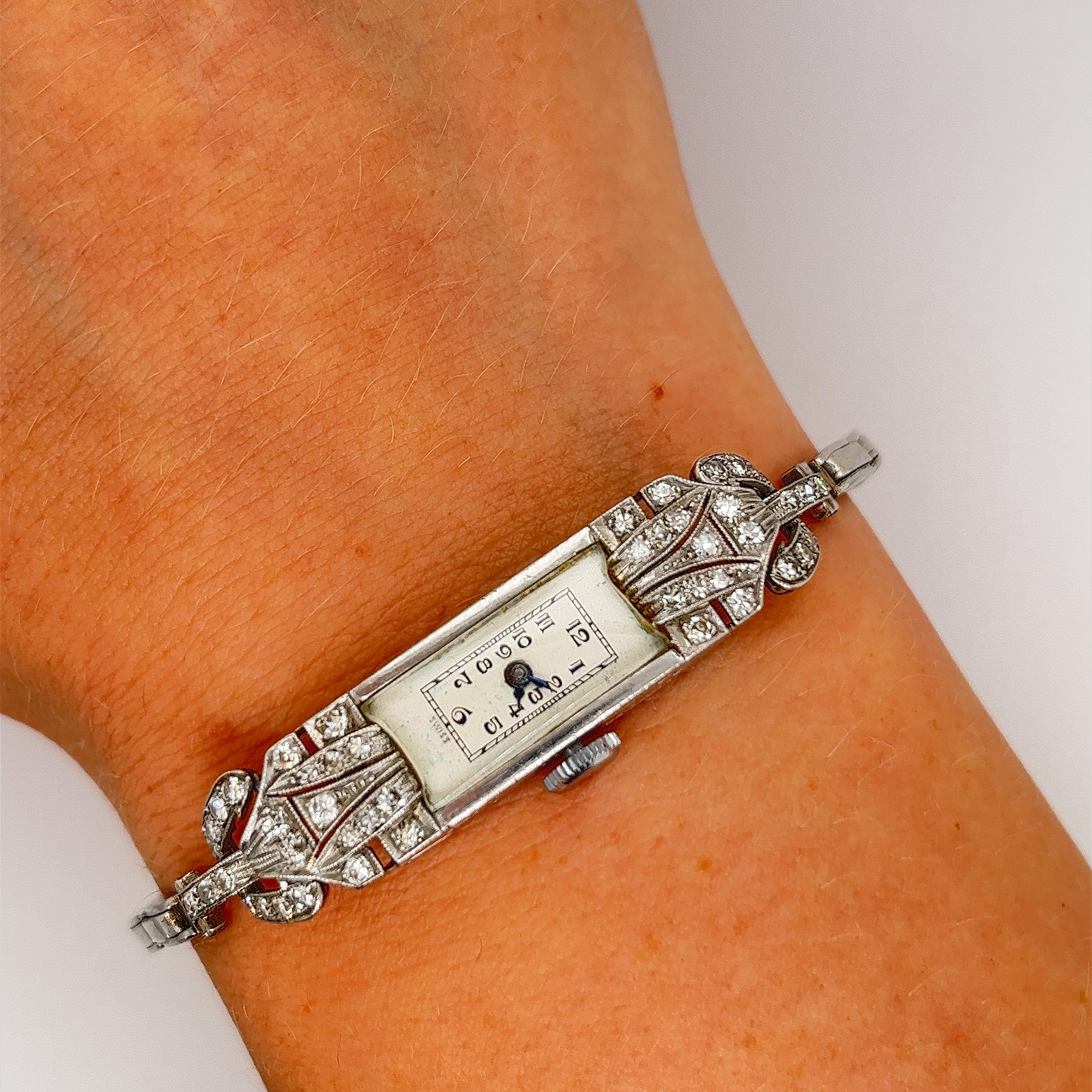 Pre Loved Platinum Deco Watch, Set With 48 Rose Cut Diamonds For Sale 3