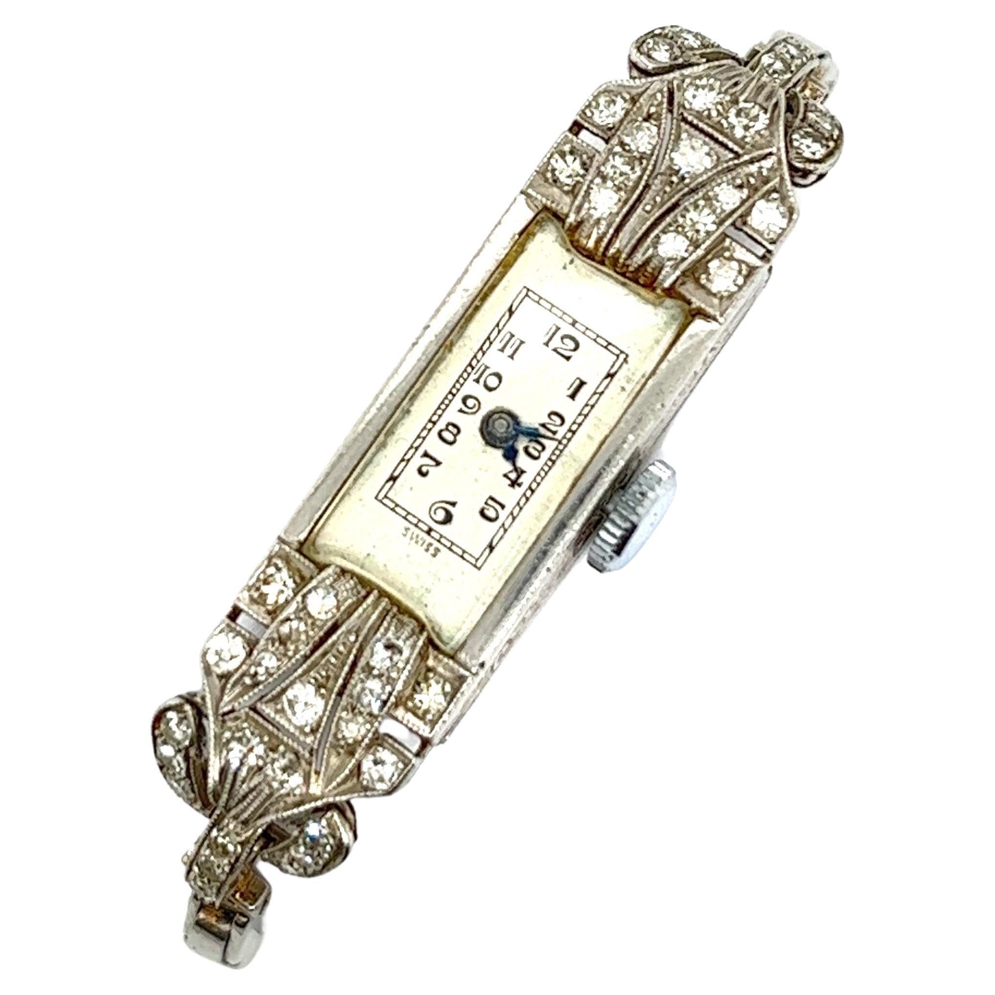 Pre Loved Platinum Deco Watch, Set With 48 Rose Cut Diamonds For Sale
