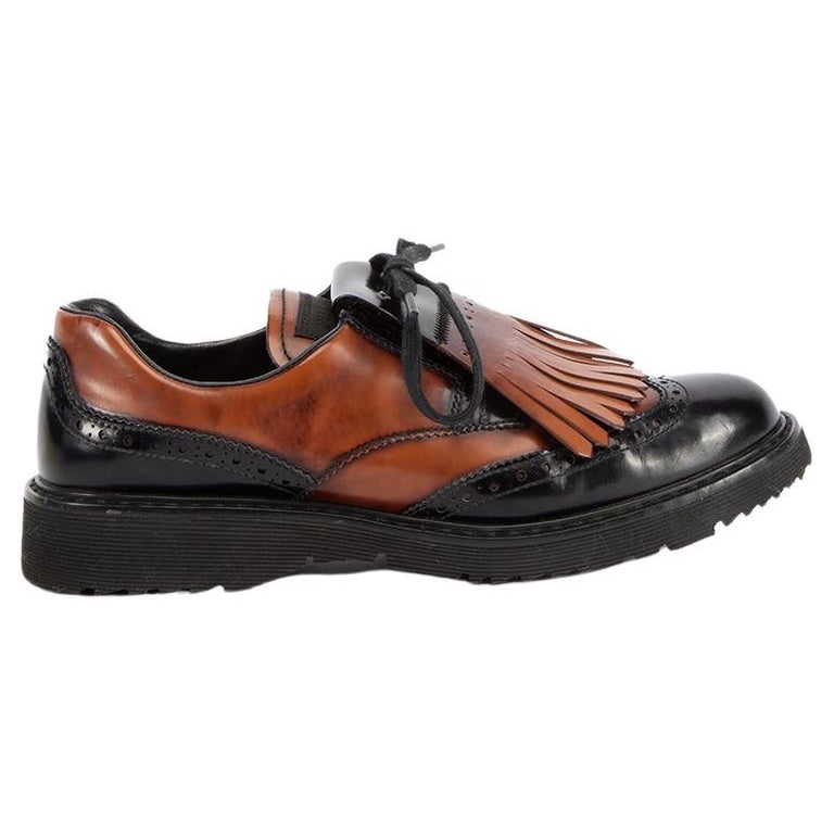 Pre-Loved Prada Women's Black and Brown Leather Fringe Dress Shoes For Sale  at 1stDibs