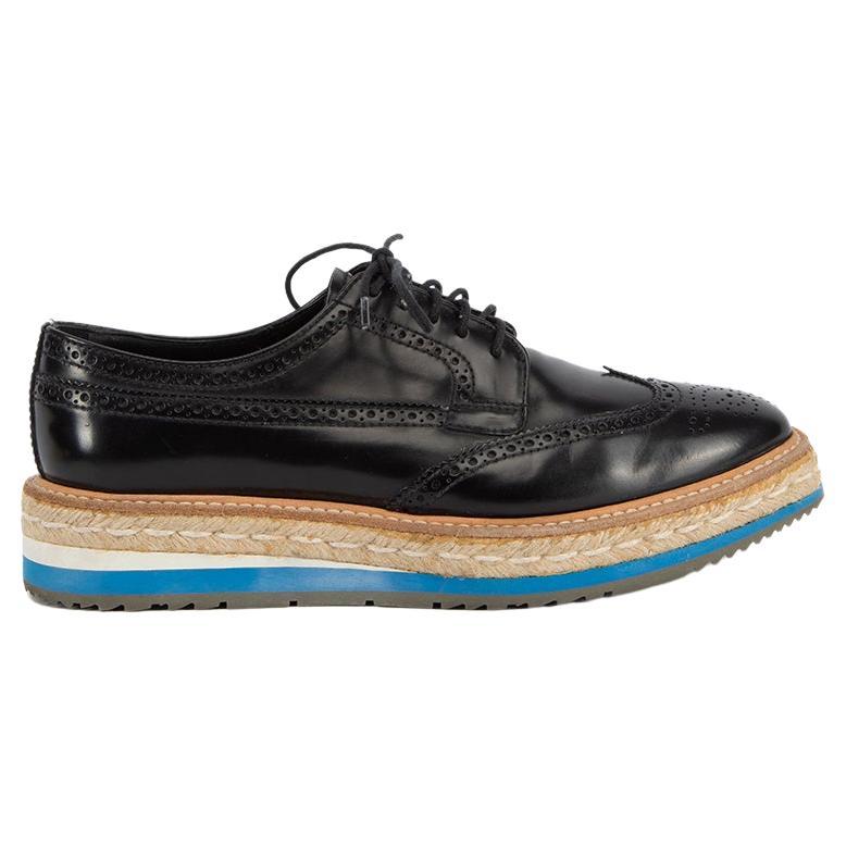 Pre-Loved Prada Women's Black Leather Flatform Lace Up Derby Shoes For Sale