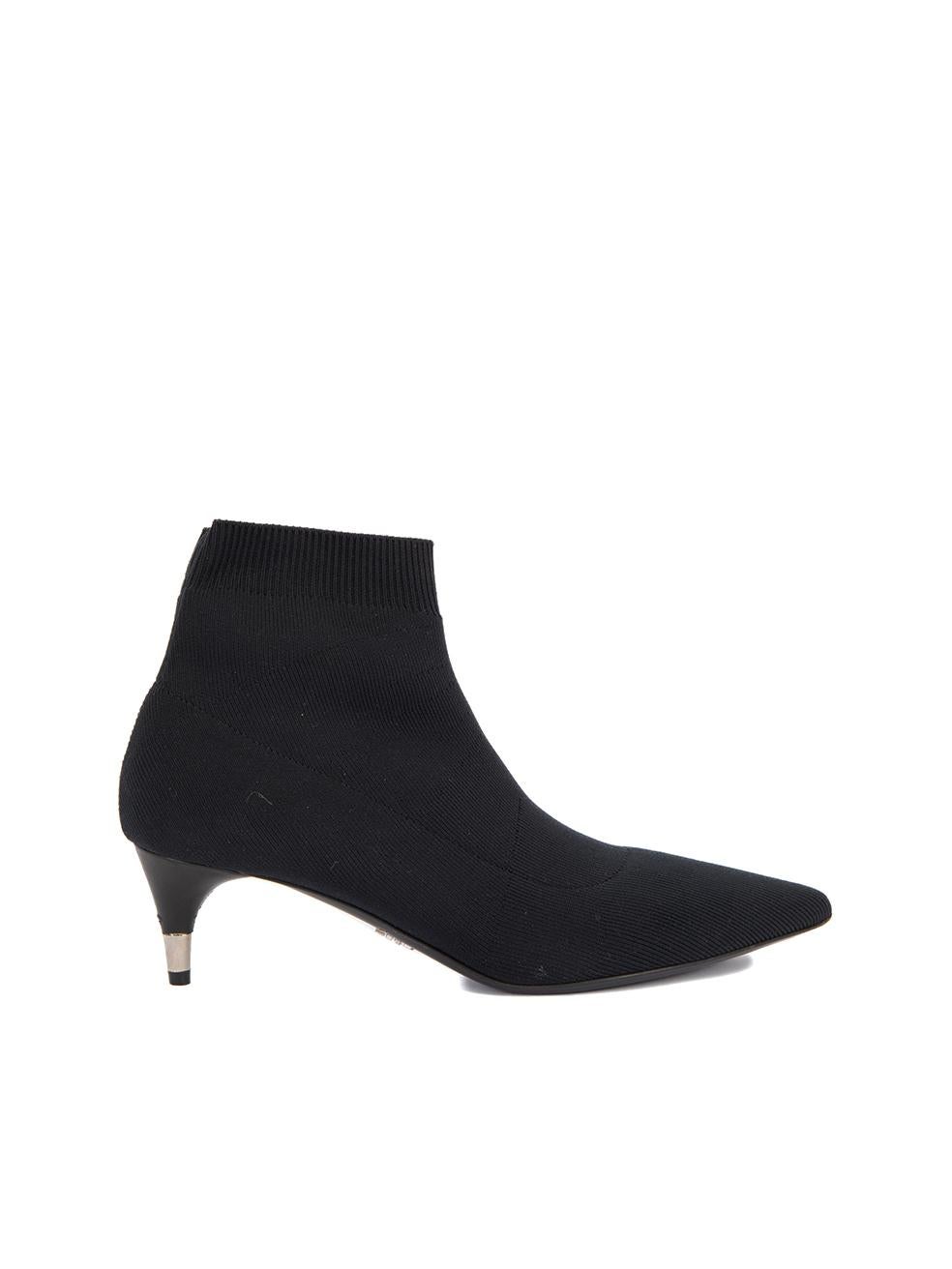 CONDITION is Very good. Minimal wear to shoes is evident, indent can be seen on the right heel of this used Prada designer resale item. Details Black Cloth Sock ankle boots Pointed toe Kitten heel Leather interior Made in Italy Composition Exterior: