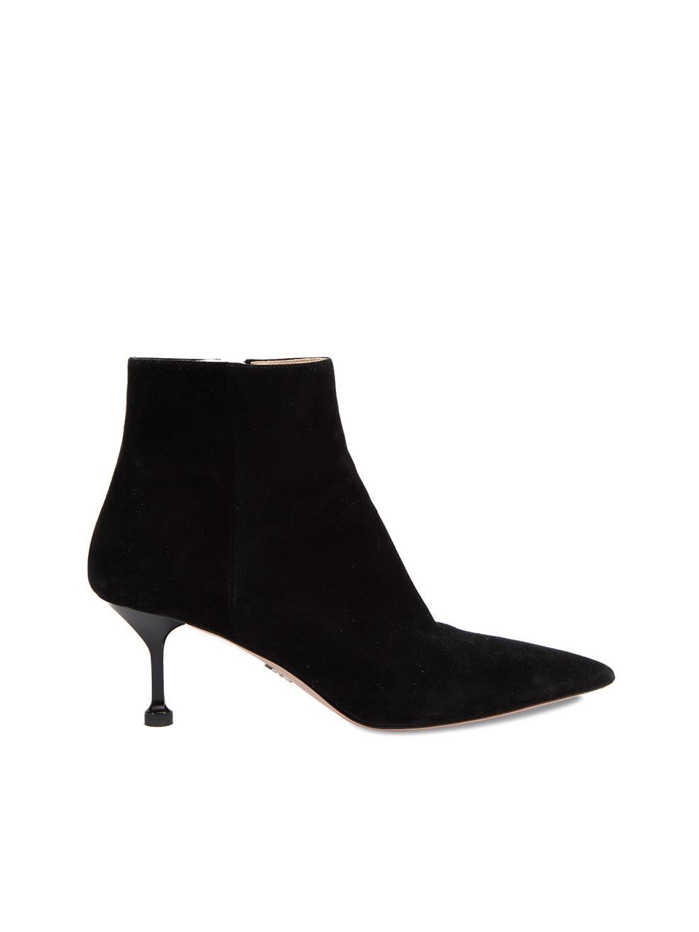 CONDITION is Very good. Minimal wear to shoes is evident. Some scuffs to suede material around the toe and the soles have been scored on this used Prada designer resale item. Details Black Suede Ankle boots Pointed toe Mid heel Side zip closure