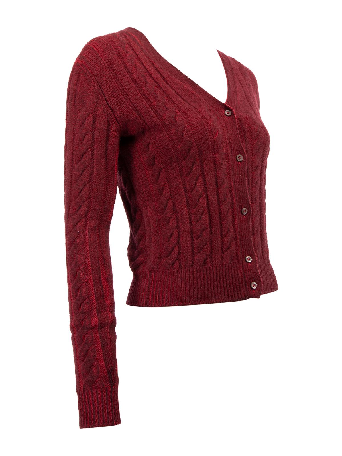 CONDITION is Very good. Minimal wear to cardigan is evident. Minimal wear to outer fabric where light pilling can be seen on this used Prada designer resale item. Details Burgundy Wool Cashmere Cable knit Form fitting Long sleeves V neck Front