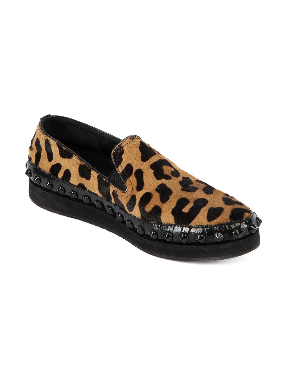 CONDITION is Very good. Hardly any visible wear to loafers is evident apart from some light scuffs to the midsoles on this used Prada designer resale item. Details Multicoloured: leopard print Fur Leather lining Black studs Slip-on Almond-toe