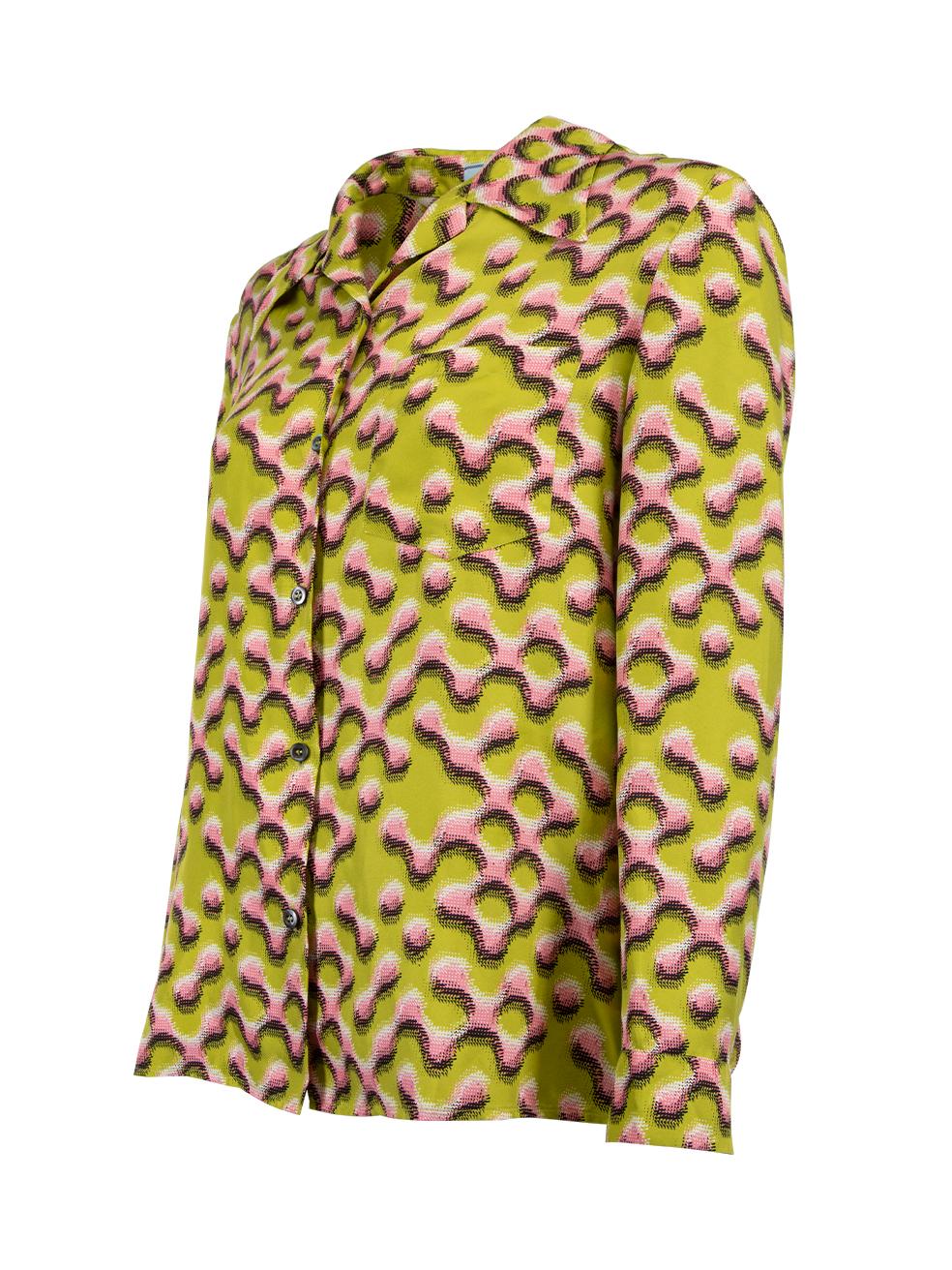 Pre-Loved Prada Women's Green Geometric Print Long Sleeved Blouse 1