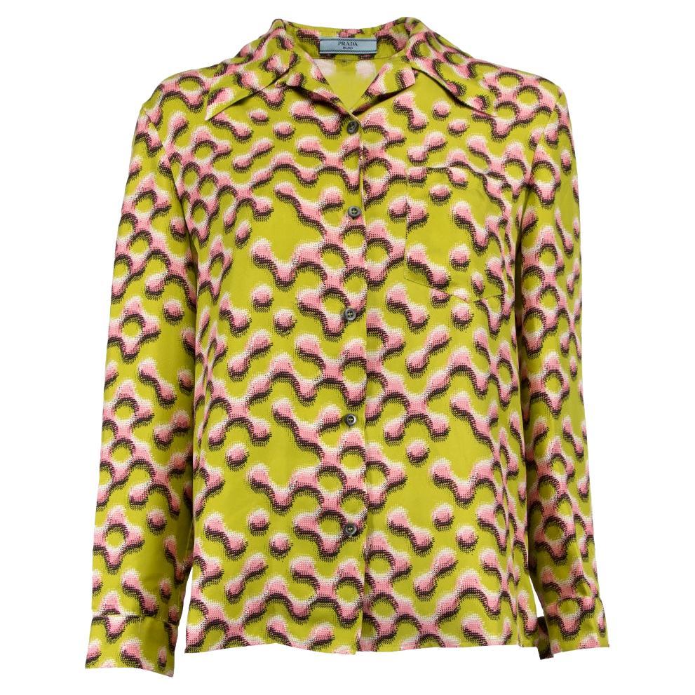 Pre-Loved Prada Women's Green Geometric Print Long Sleeved Blouse