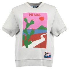 Pre-Loved Prada Women's Grey Scenic Print Short Sleeve Sweater Top