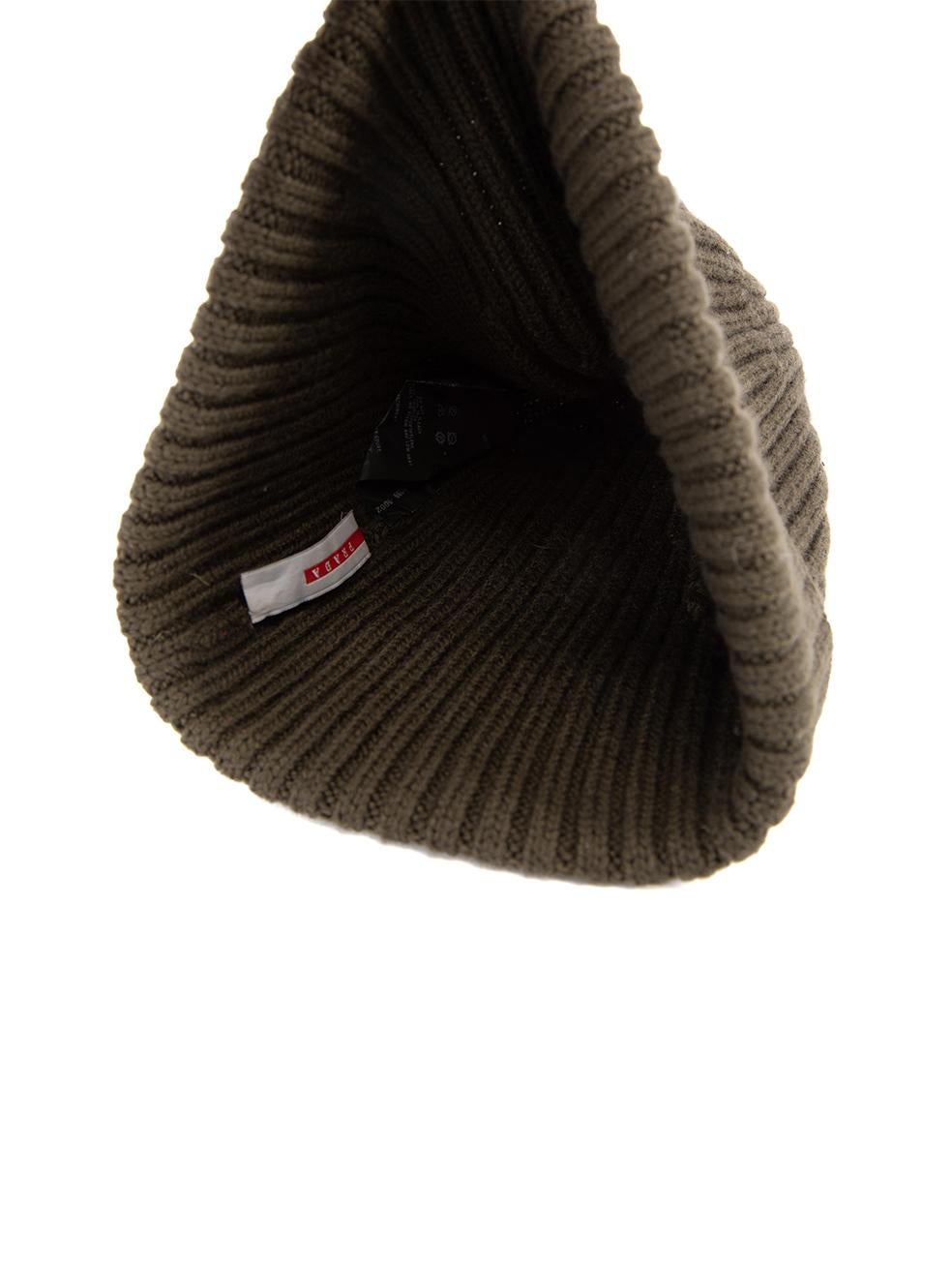Pre-Loved Prada Women's Khaki Knitted Ribbed Wool Beanie In Excellent Condition In London, GB