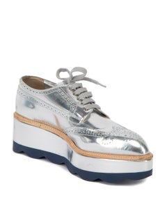 Pre-Loved Prada Women's Metallic Silver Brogue Leather Wave Wingtip Platform