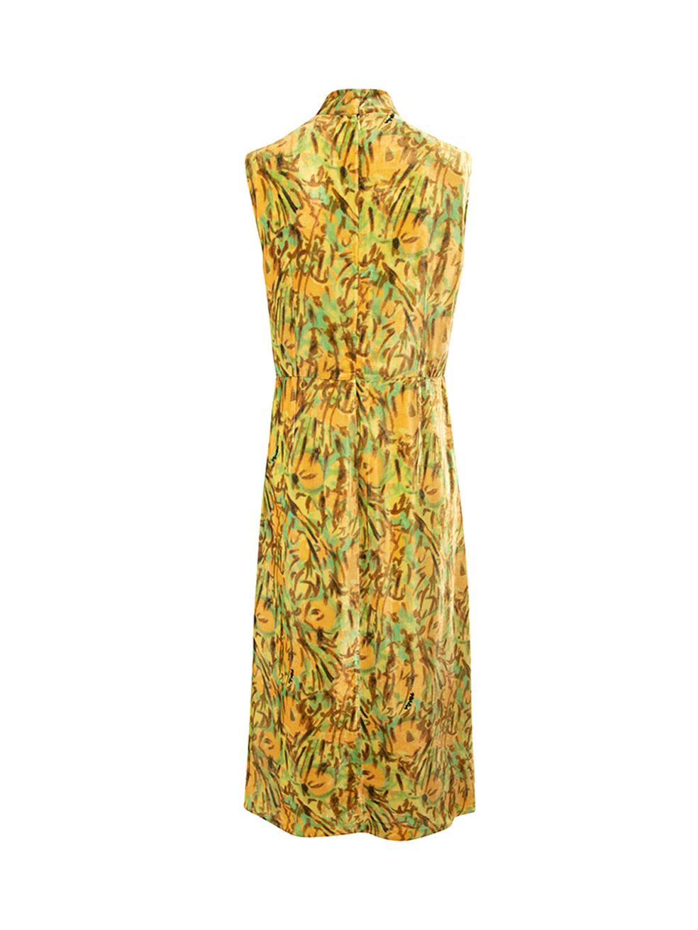 CONDITION is Very good. Hardly any visible wear to dress is evident on this used Prada designer resale item. Details Multicolour- Yellow and green Velvet Midi dress Abstract pattern Mock neckline Back zip closure with hook and eye Fully lined Made