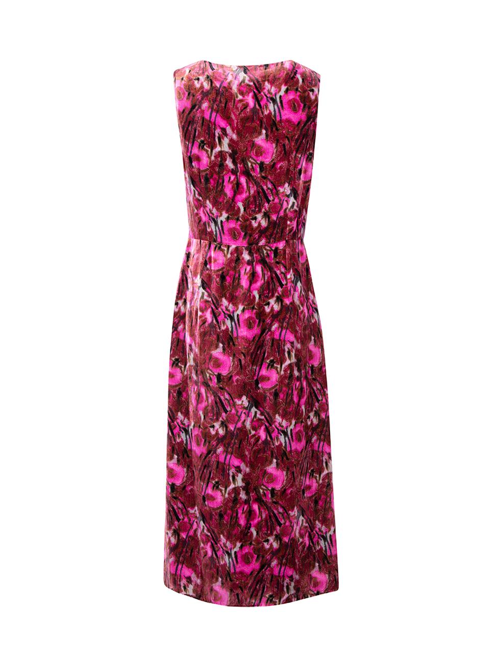 CONDITION is Very good. Hardly any visible wear to dress is evident on this used Prada designer resale item. Details Multicolour- Pink and purple tone Velvet Midi dress Abstract pattern V neckline Side zip closure with hook and eye Fully lined Made
