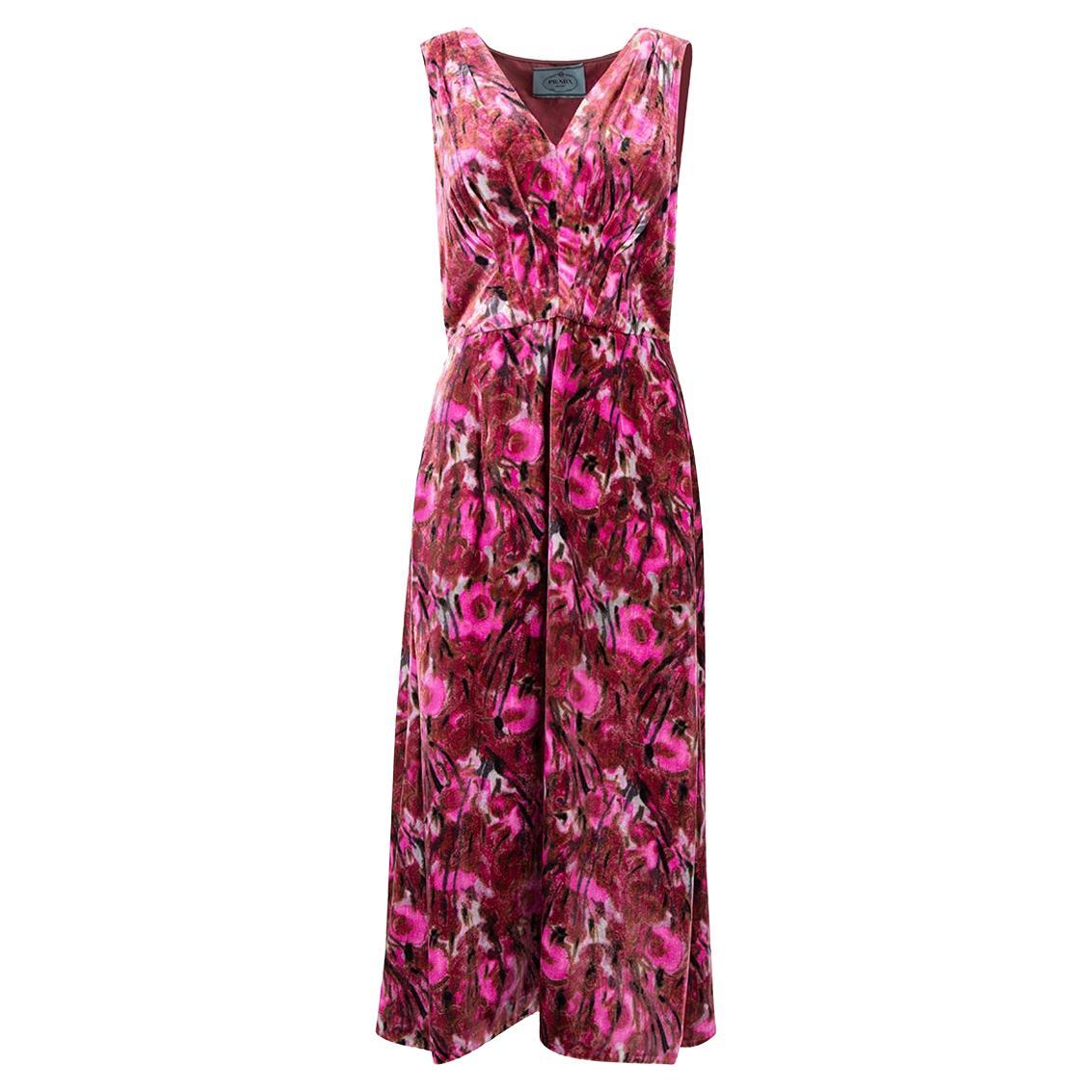 Pre-Loved Prada Women's Pink Velvet Patterned Midi Dress