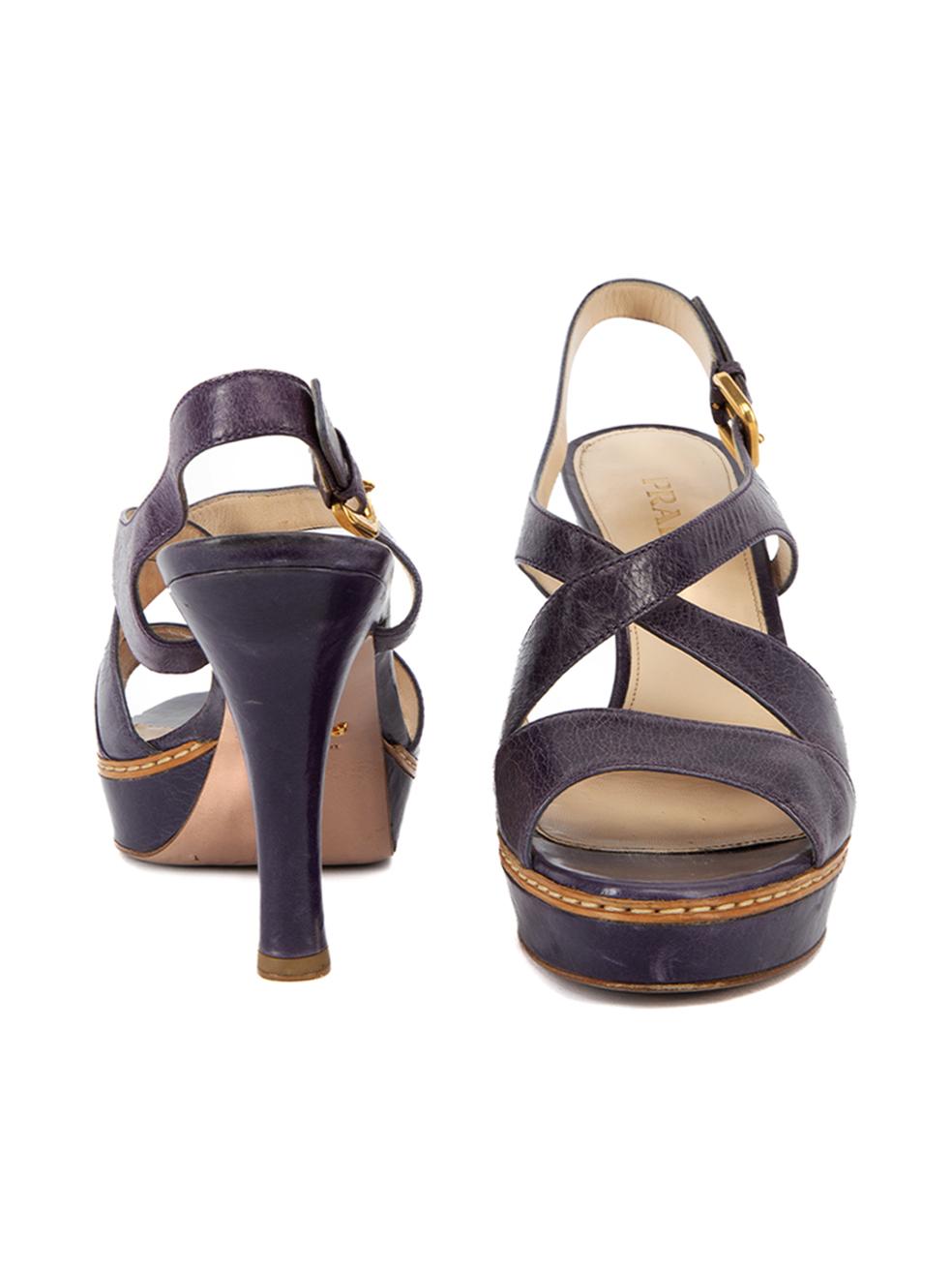 Pre-Loved Prada Women's Purple Leather Cross Strap Platform Sandals In Excellent Condition In London, GB