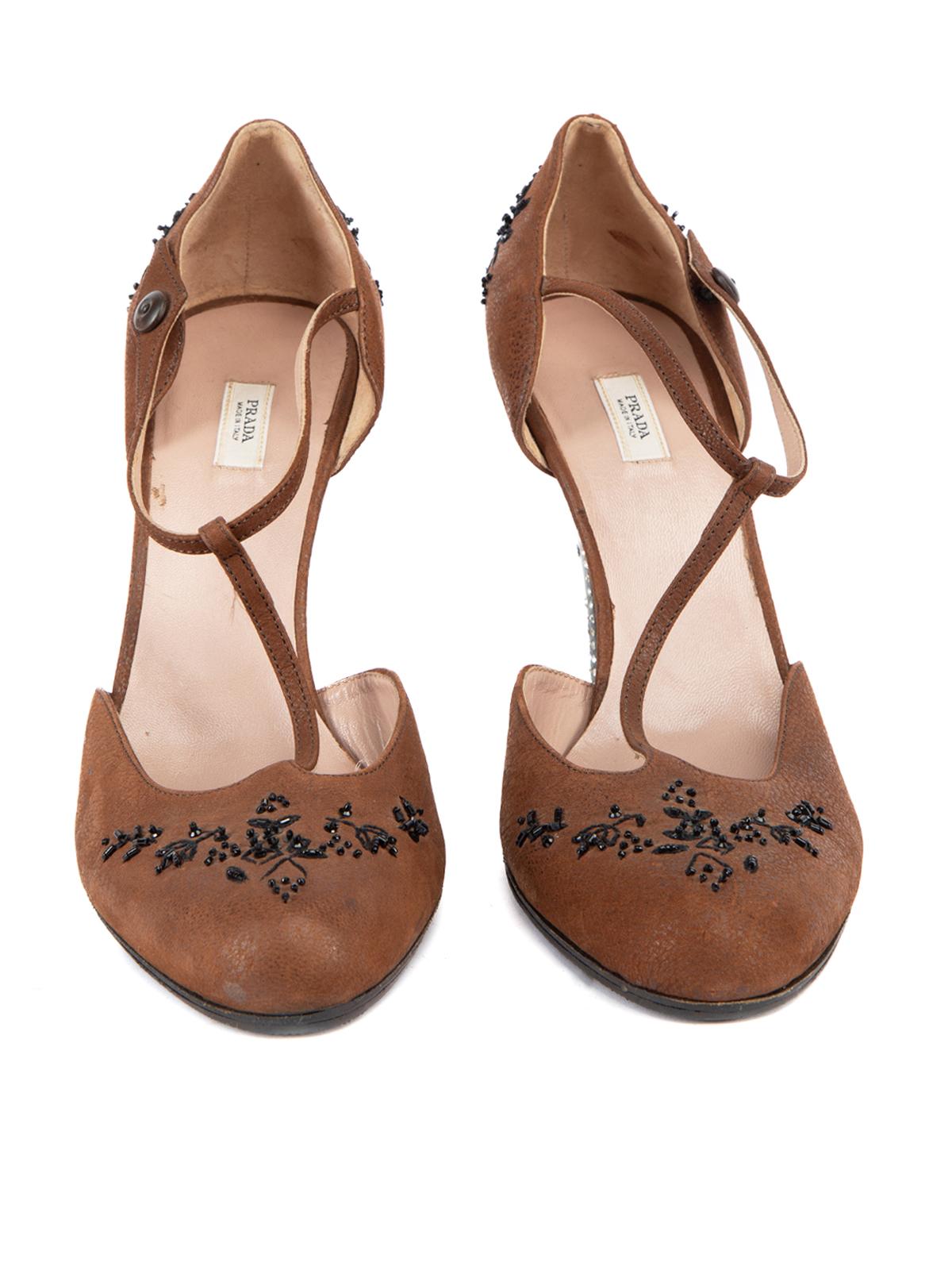 Pre-Loved Prada Women's Vintage Brown Embellished T-Strap D Orsay Pump In Excellent Condition In London, GB