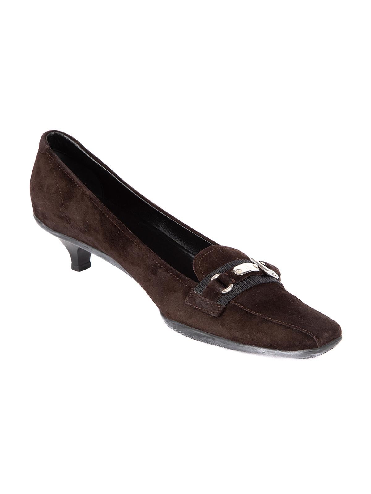 CONDITION is Very good. Minimal wear to heels is evident. Minimal wear to overall suede exterior on this used Prada designer resale item. Details Brown Suede Loafer style Kitten heel Square toe Silver tone buckle detail Leather lining Made in Italy