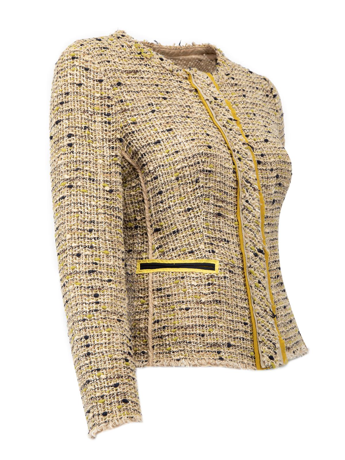 CONDITION is Very good. Hardly any wear to jacket is evident. Some loose threads can be seen around the neckline on this used Prada designer resale item. Details Multicoloured- Mustard, beige and black Tweed Fitted jacket Long sleeves Round neckline