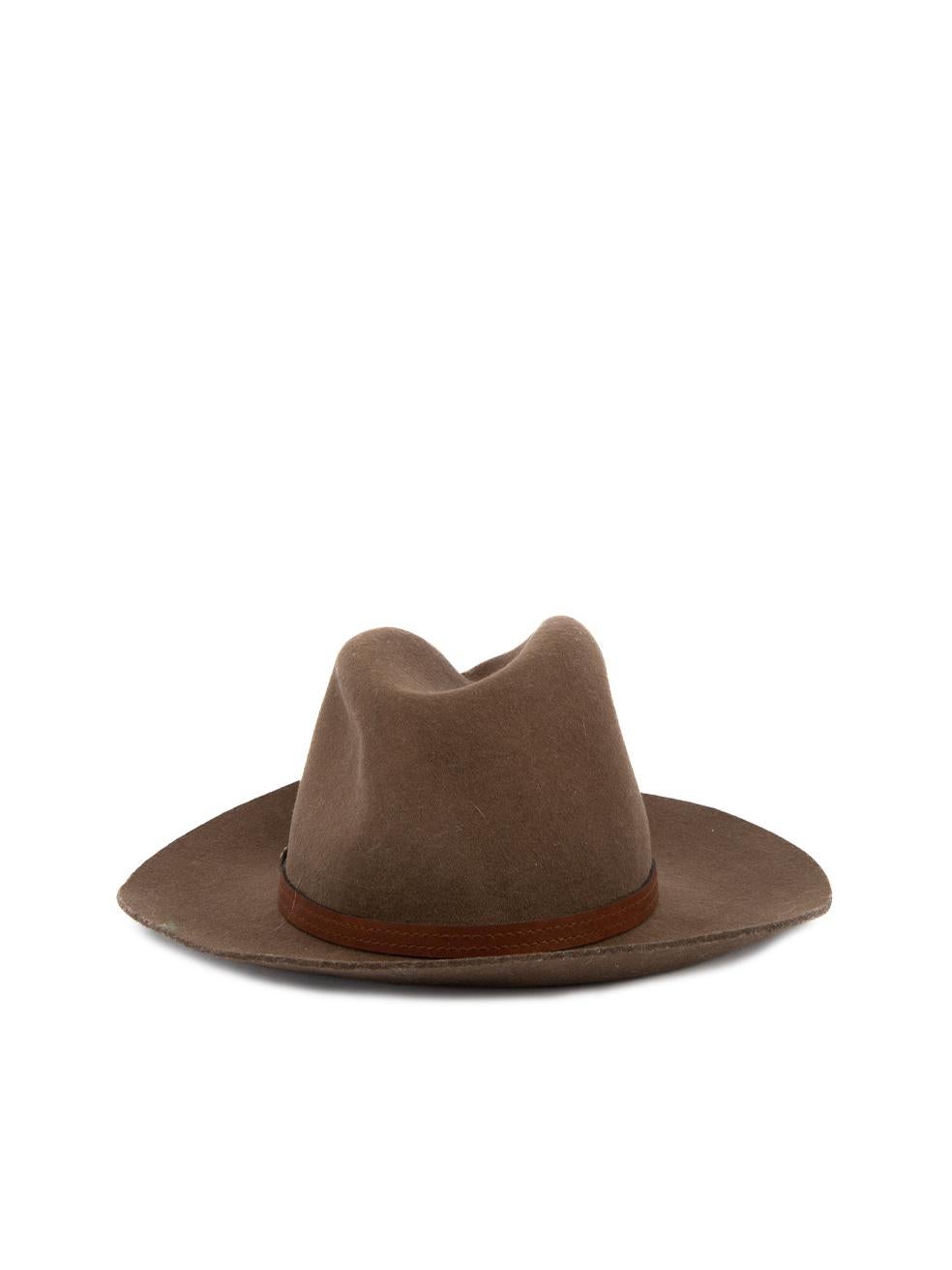 CONDITION is Very Good. Hardly any visible wear to hat is evident on this used Rag & Bone designer resale item. Details Brown Wool Fedora hat Wide brim Leather trimming Made in USA Composition 100% Wool Size & Fit Circumference: 57cm/22. 5in Height: